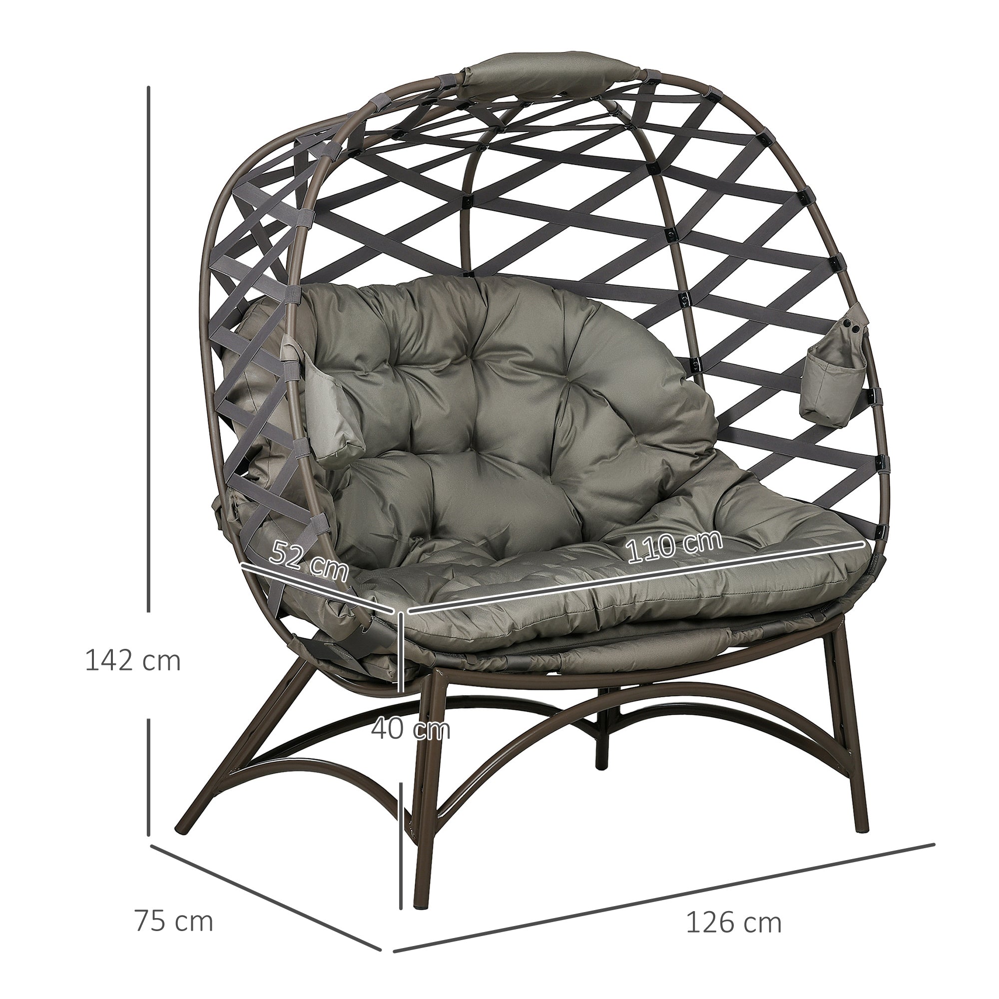 Outsunny 2 Seater Egg Chair Outdoor, Folding Weave Garden Furniture Chair with Cushion, Cup Pockets - Sand Brown - North Peak Garden Furniture