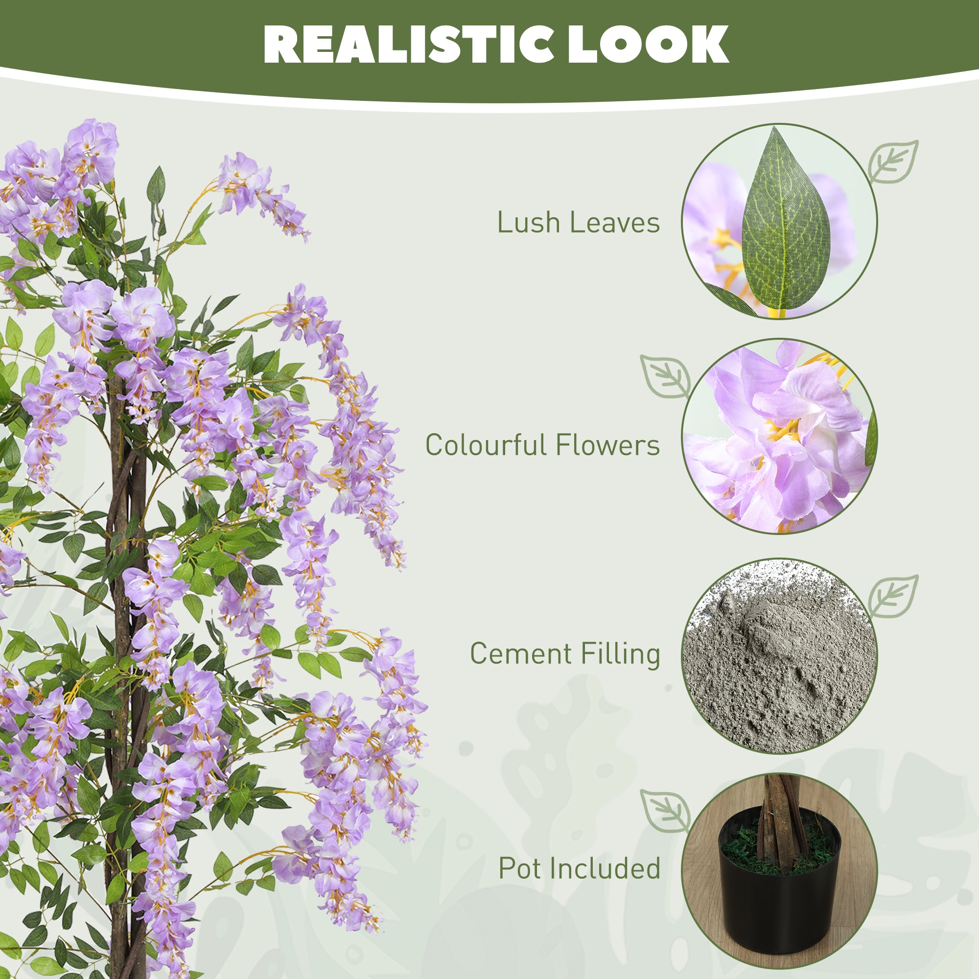 HOMCOM Artificial Wisteria Flower, Tall Fake Plant with 756 Leaves and 54 Flowers in Pot, Decorative Artificial Plant for Home Indoor Decor, 180 cm, Purple - North Peak Garden Furniture