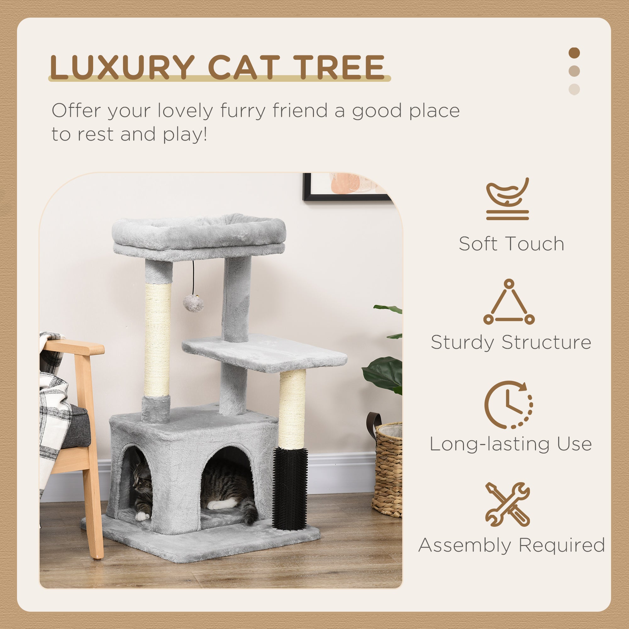 PawHut Cat Tree for Indoor Cats Climbing Tower Kitten Scratch Post Activity Center Kitten with Massage Toy Hanging Ball Bed Condo Perch 48 x 48 x 85cm Grey - North Peak Garden Furniture