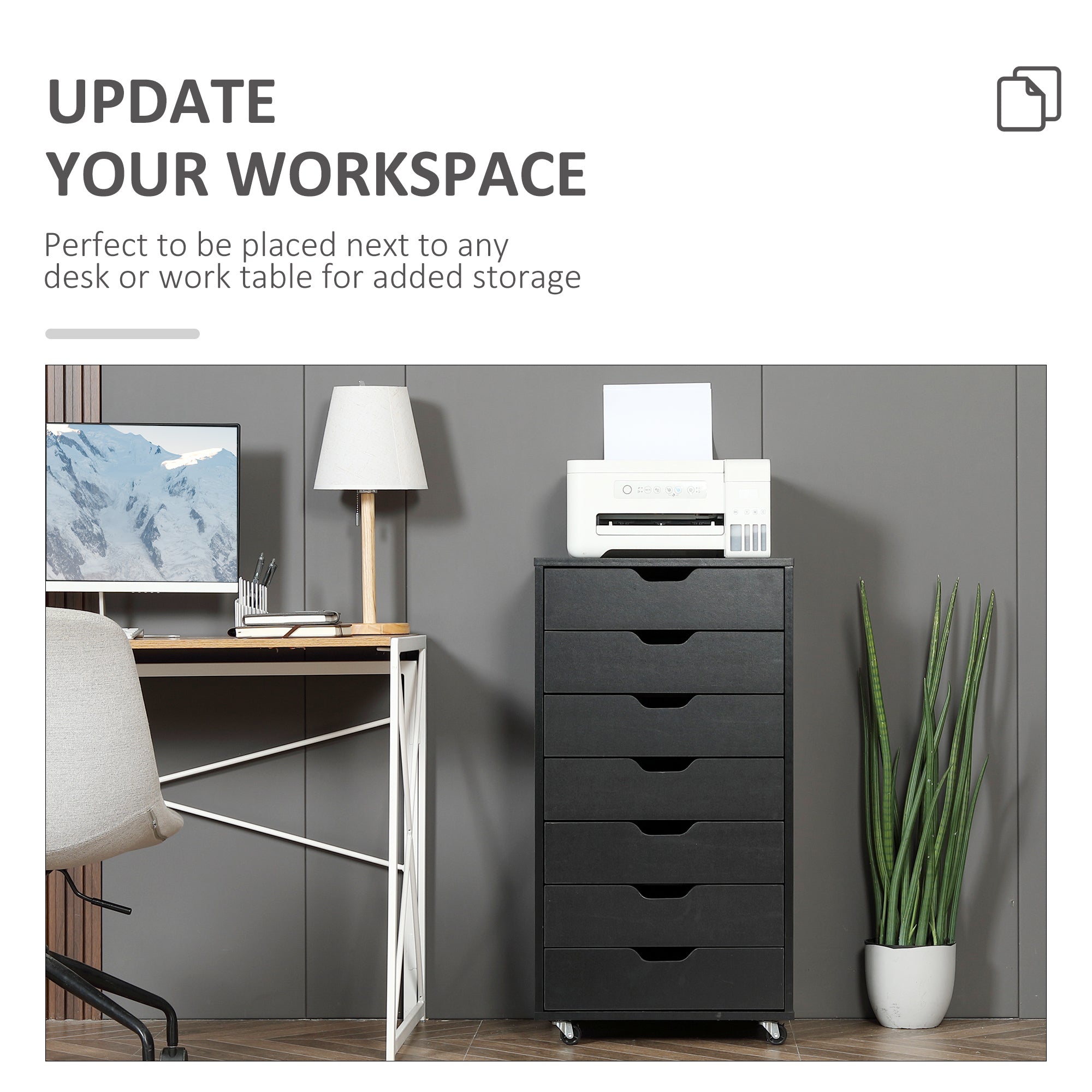 Vinsetto Seven-Drawer Filing Cabinet, with Wheels - Black - North Peak Garden Furniture