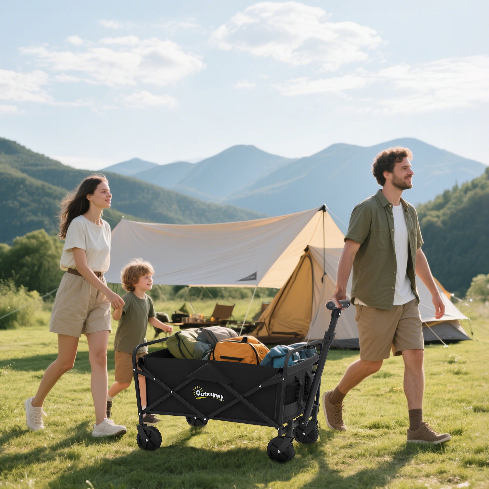 Outsunny 62L Festival Trolley on Wheels, Garden Folding Trolley Cart, 120kg Heavy Duty Collapsible Folding Wagon with Adjustable Handle and Carrying Bag for Beach, Camping, Festival, Black