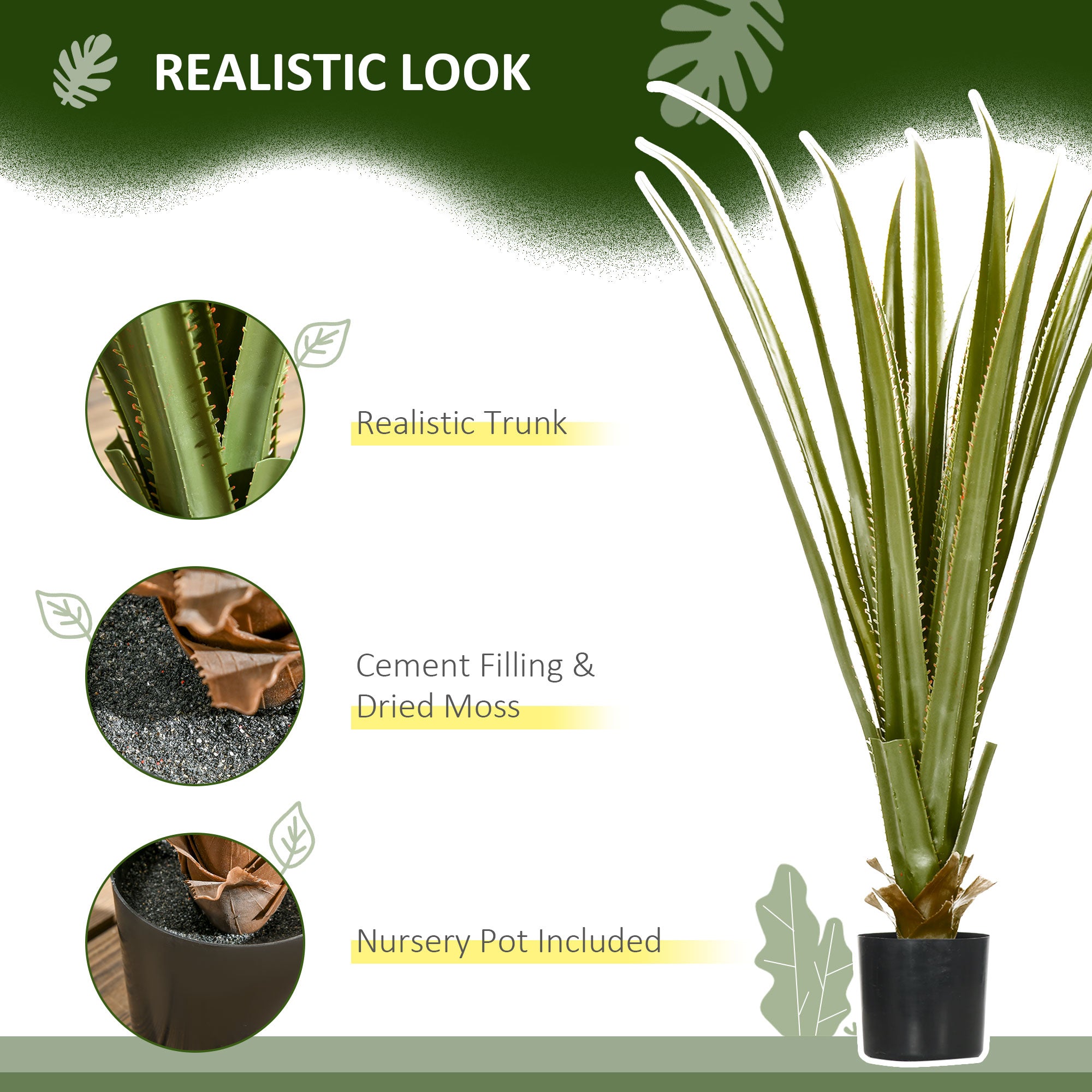 HOMCOM Artificial Plants Agave Succulent in Pot Desk Fake Plants for Home Indoor Outdoor Decor, 15x15x90cm, Green - North Peak Garden Furniture