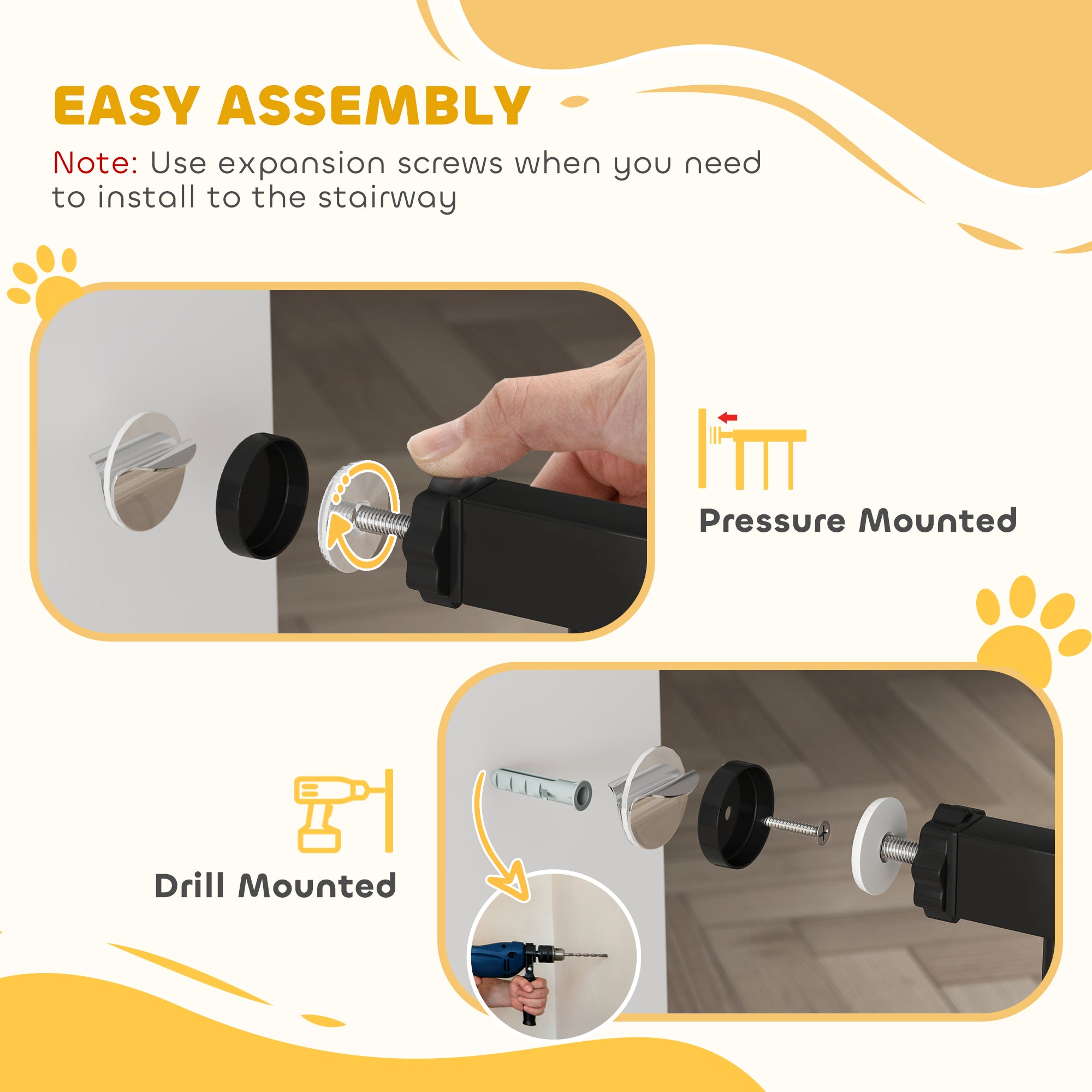 PawHut Pressure Fit Dog Stair Gate No Drilling Safety Gate Auto Close for Doorways, Hallways, 74-80cm Adjustable, 94cm Tall, Black