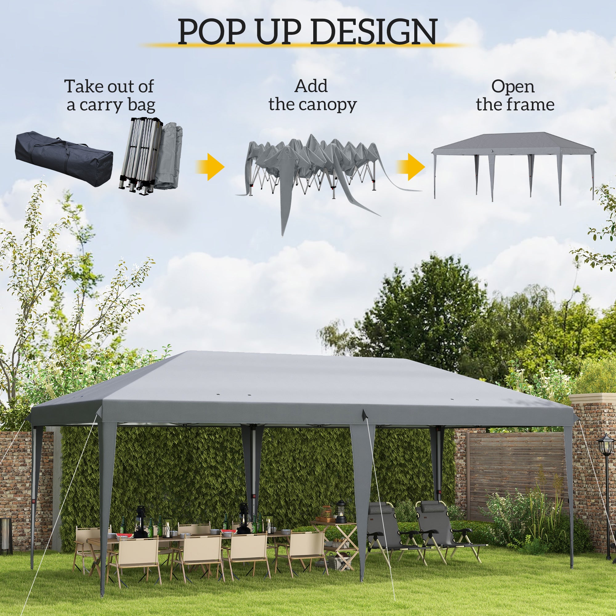 Outsunny 3 x 6 m Pop Up Gazebo, Foldable Canopy Tent, Height Adjustable Wedding Awning Canopy w/ Carrying Bag, Grey - North Peak Garden Furniture