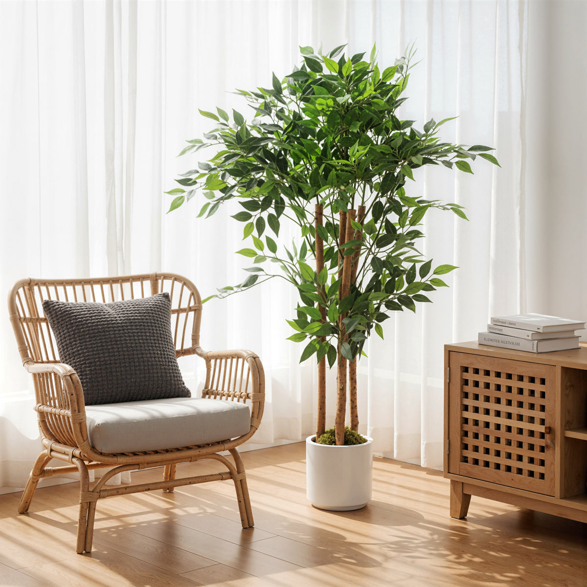 HOMCOM 120cm Artificial Ficus Tree, Fake Potted Tree with Solid Wood Trunk and Pot for Indoor, Green