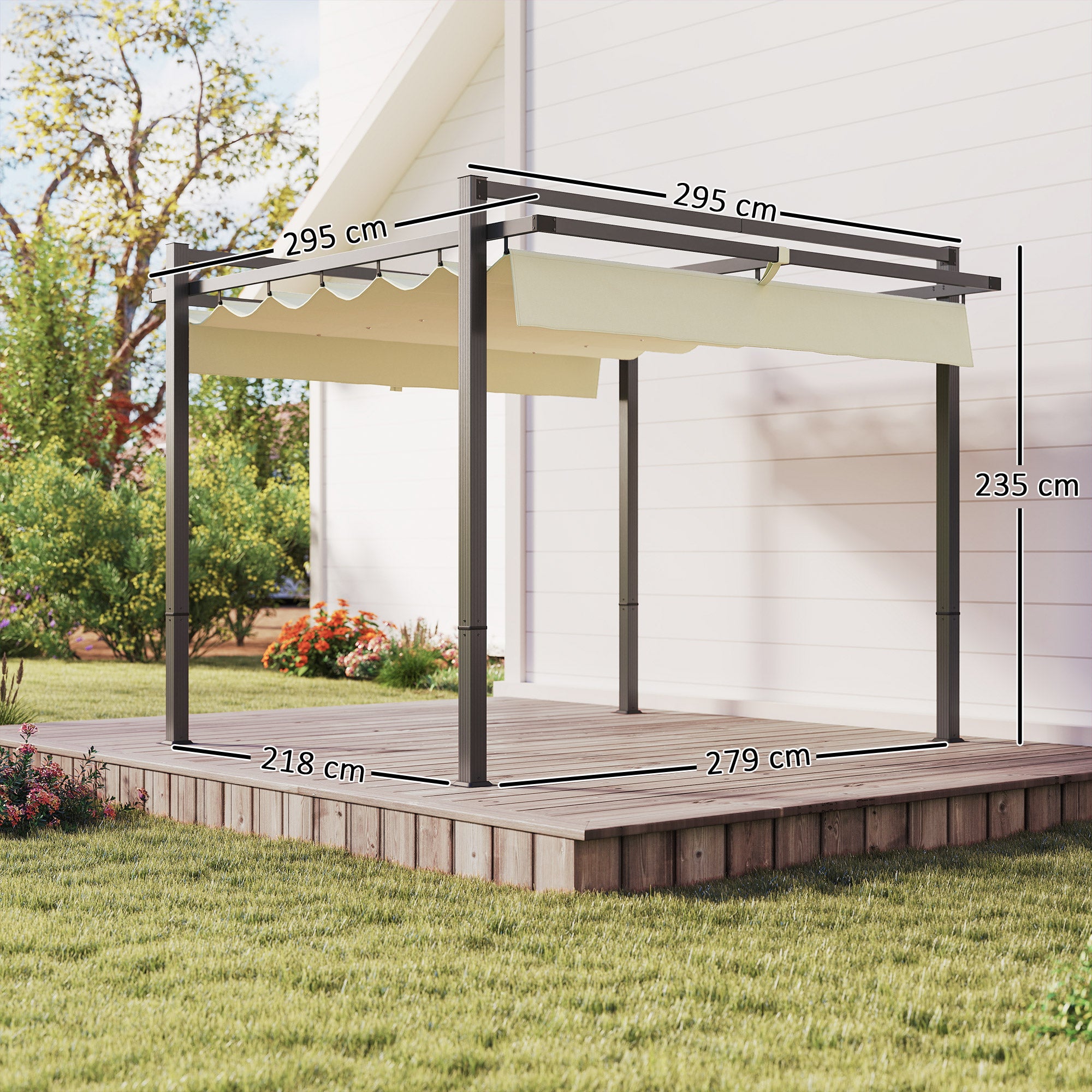 Outsunny 3 x 3m Aluminium Pergola, with Retractable Roof - Grey/Khaki - North Peak Garden Furniture