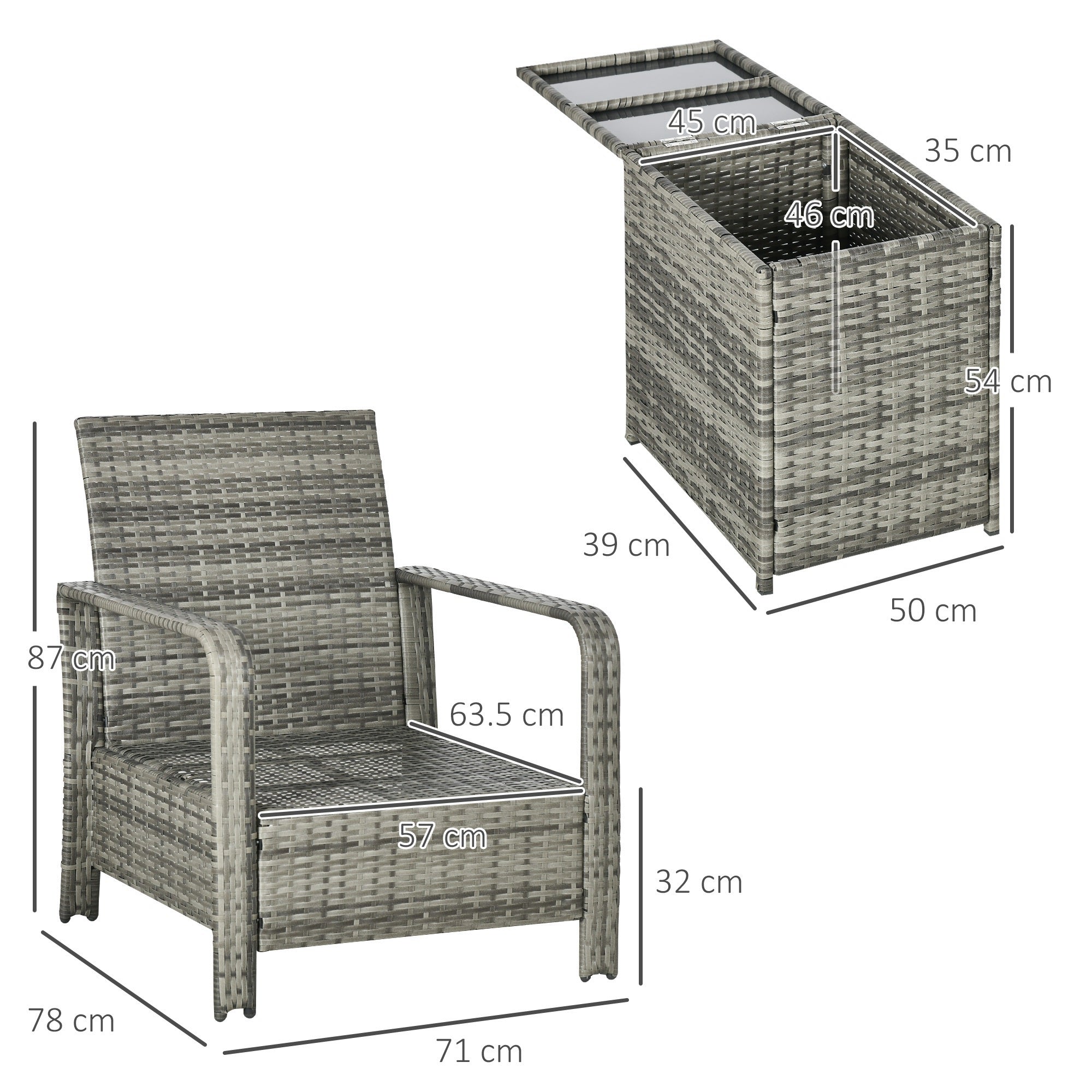 Outsunny 3 Pieces Rattan Bistro Set, Wicker Garden Furniture Set with Storage Coffee Table and Chairs, Thickened Cushions for Outdoor, Patio, Balcony, Orange - North Peak Garden Furniture