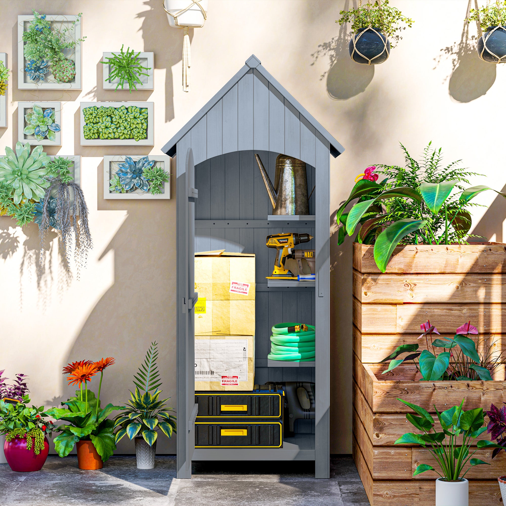 Outsunny Wooden Garden Storage Shed with 3 Shelves, Outdoor Tool Storage Cabinet with Tilt Roof and Lockable Door, 77.5 x 54.2 x 179.5 cm, Grey