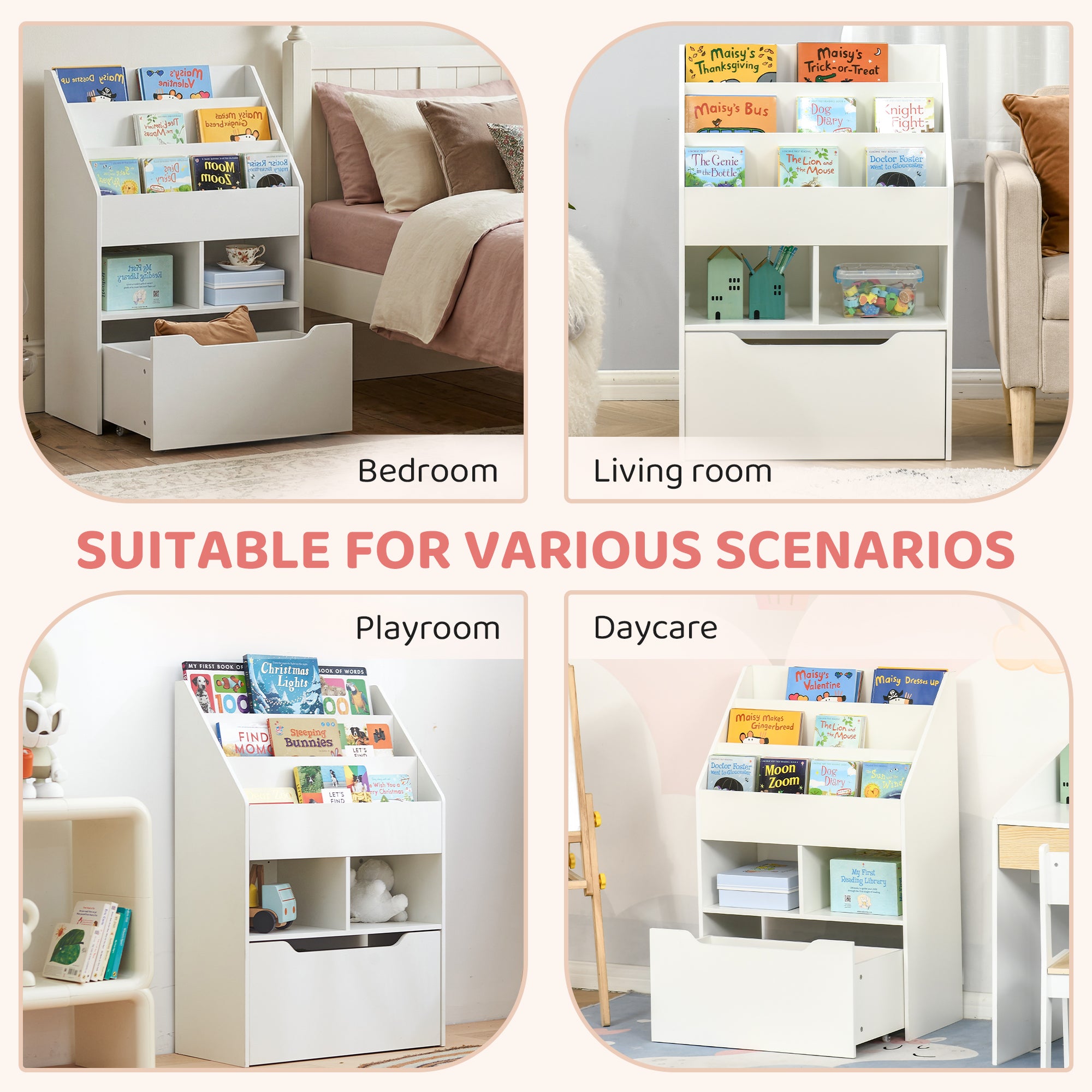 HOMCOM Kids Bookshelf, Toy Organiser, with Storage Drawer, Wheels - White