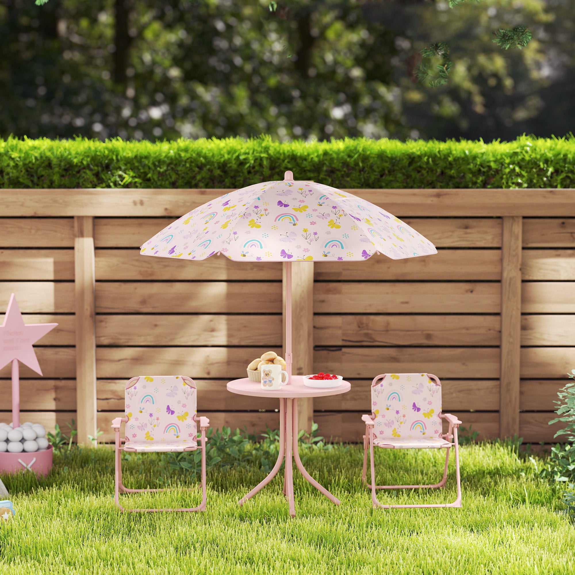 AIYAPLAY 4-Piece Kids Garden Table and Chair Set with Adjustable Parasol, Folding Chairs, Table, Rainbow Pattern, Pink