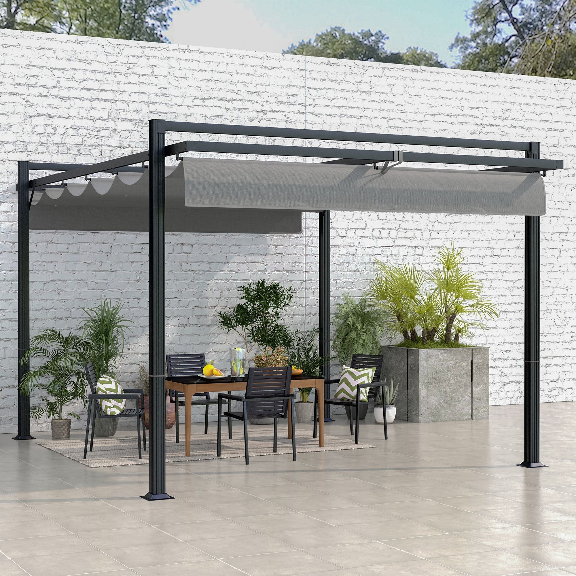 Outsunny 3 x 4m Retractable Pergola, Garden Gazebo Shelter with Aluminium Frame, for Grill, Patio, Deck, Dark Grey - North Peak Garden Furniture