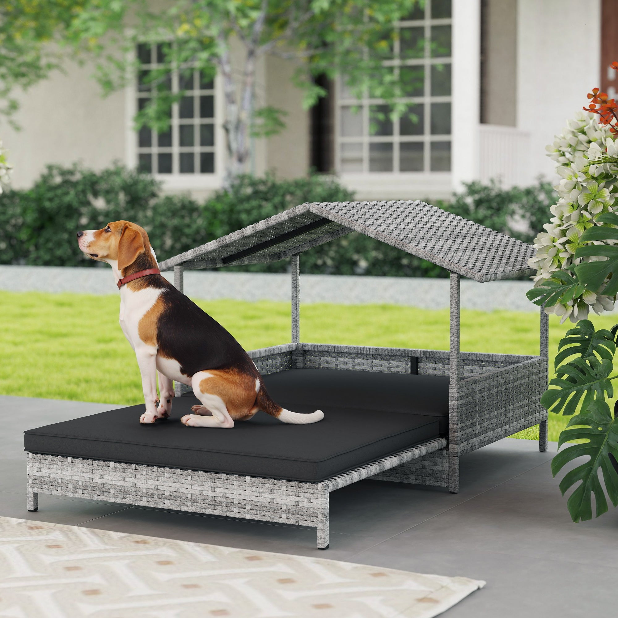 PawHut Extendable Elevated Dog Bed, Rattan Dog House, with Water-Resistant Roof, Removable Cushion, Charcoal Grey - North Peak Garden Furniture
