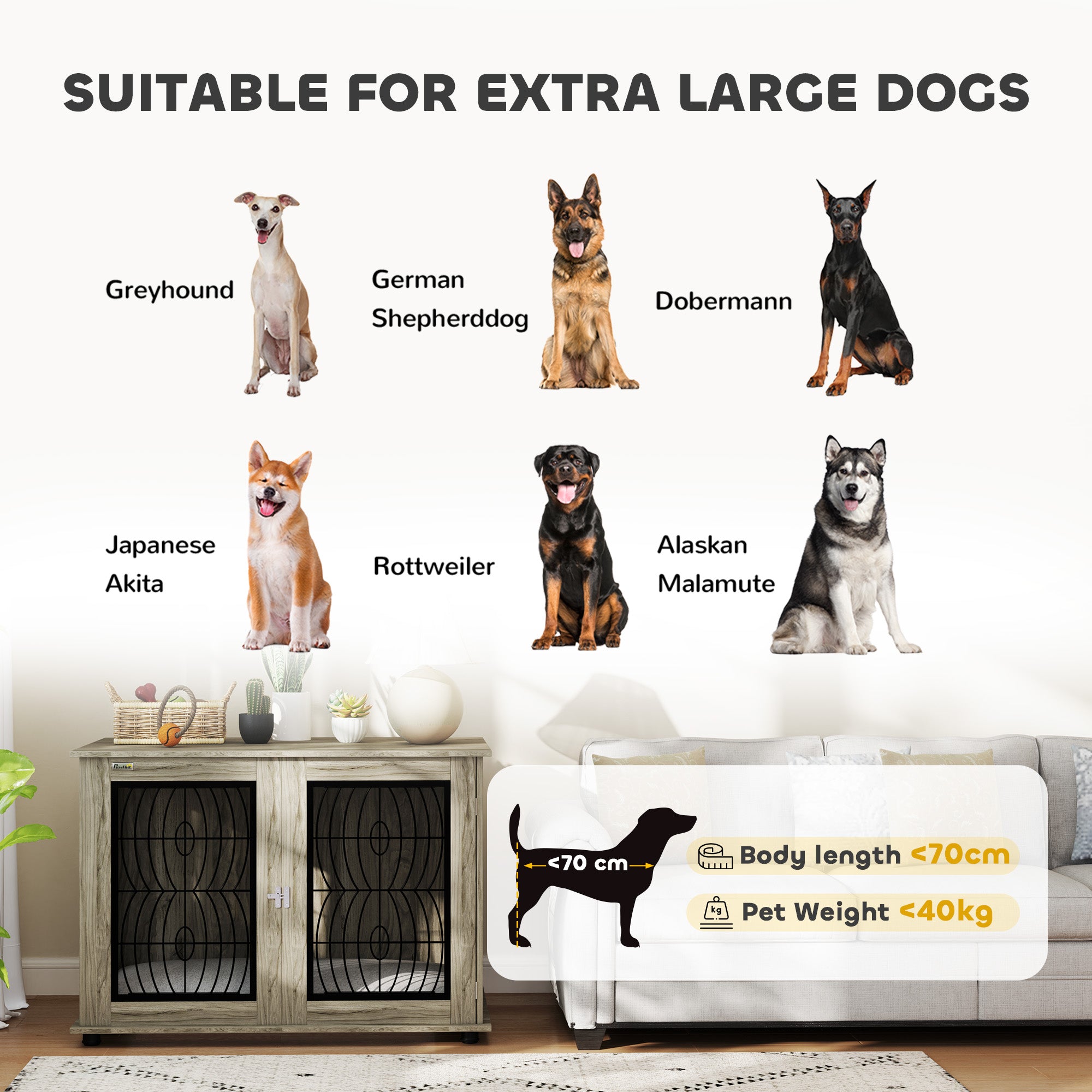 PawHut Indoor Dog Crate Furniture End Table with Soft Washable Cushion, Lockable Front Door, for Extra Large Dogs - Grey - North Peak Garden Furniture