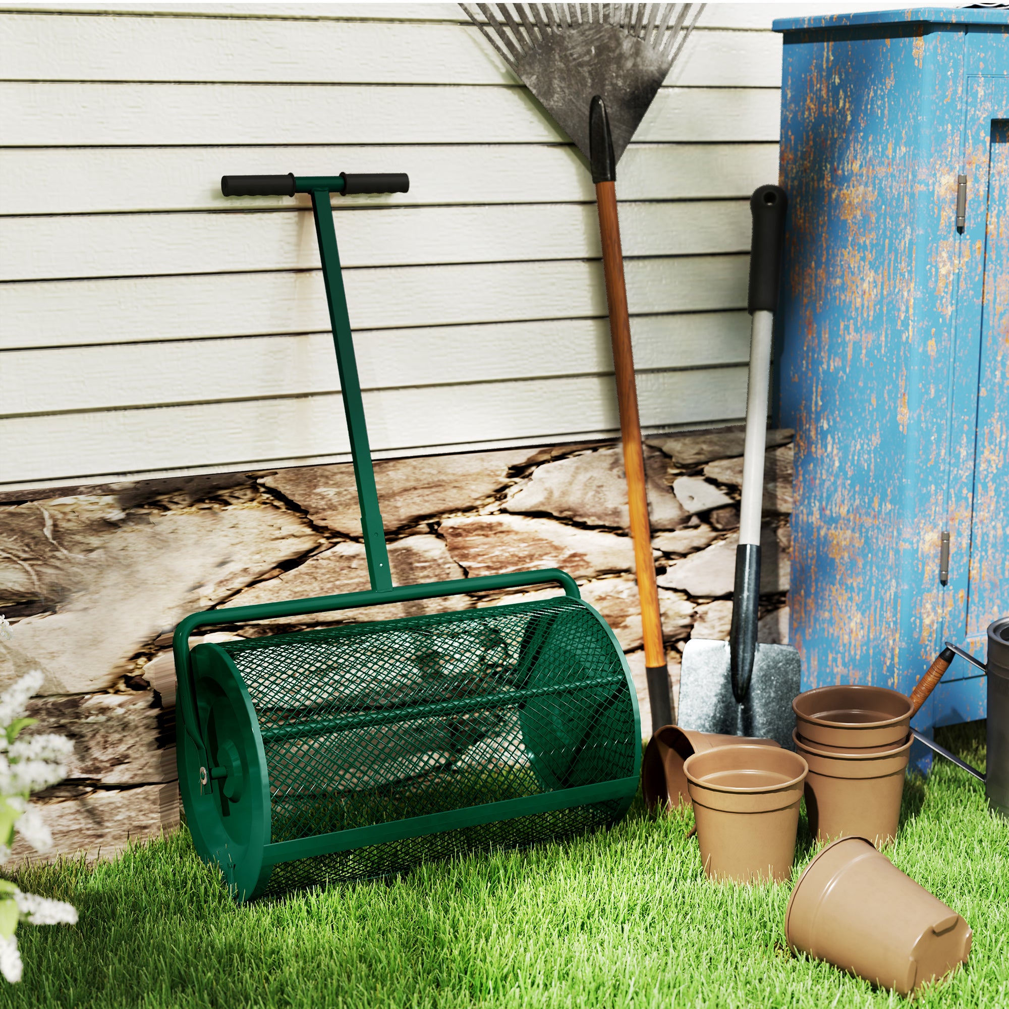 Outsunny Compost Spreader, 24" Peat Moss Spreader with Height Adjustable T Shaped Handle and Metal Mesh Basket, Garden Spreader for Seeding, Spreading Manure, Green