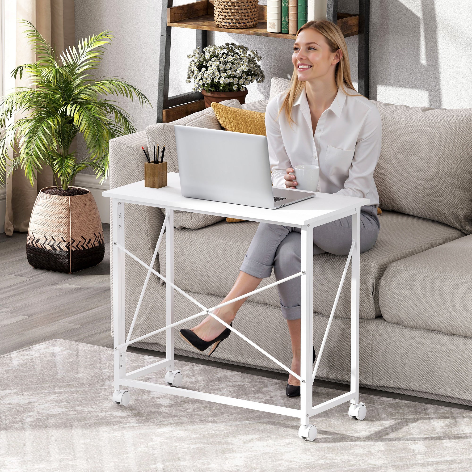 HOMCOM 80 cm Folding Desk on Wheels - White - North Peak Garden Furniture