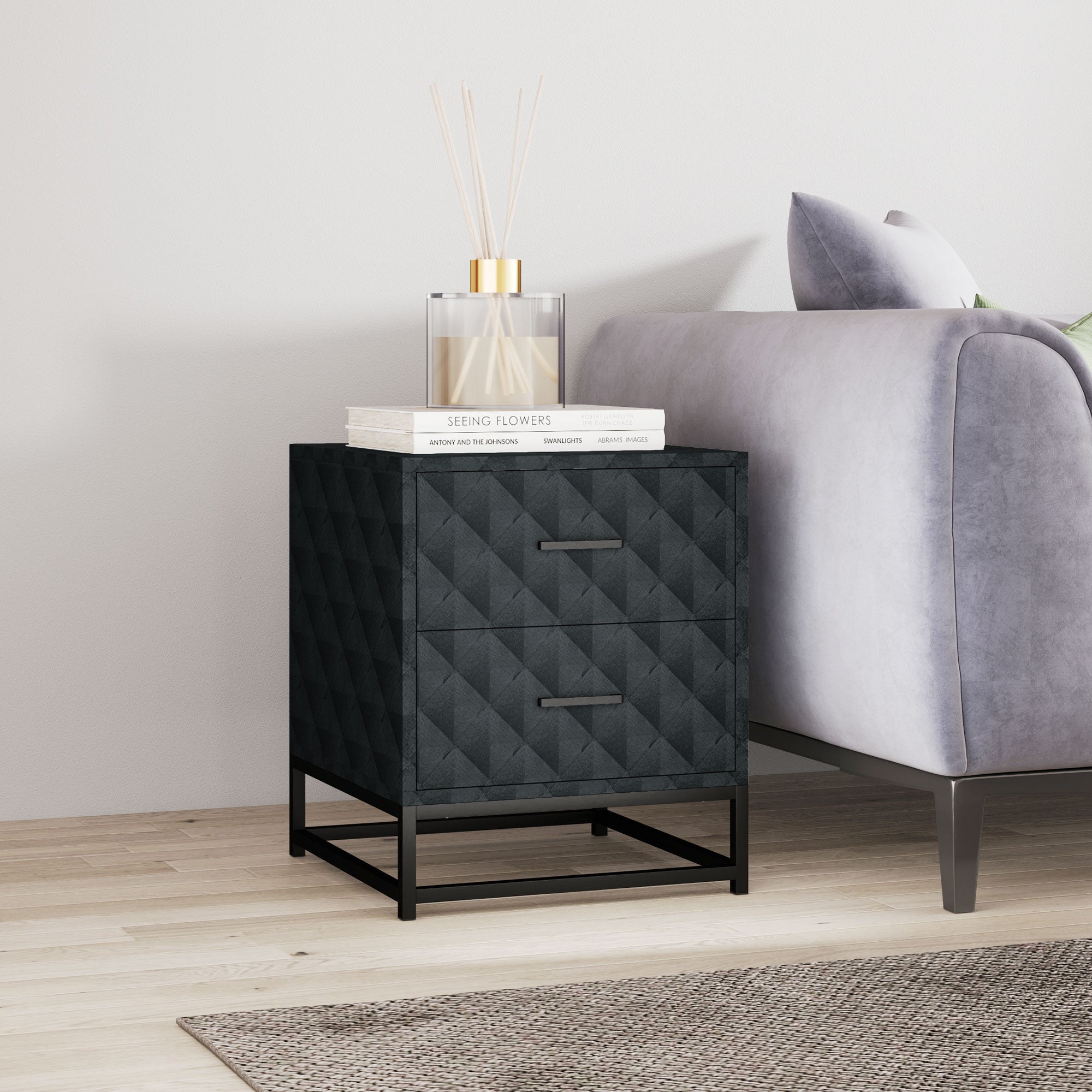 HOMCOM Bedside Tables Set of 2, Modern Bedside Table Nightstand with 2 Drawers, Bedside Cabinet Sofa Side Table with Storage, Steel Legs for Bedroom, Living Room, Black - North Peak Garden Furniture