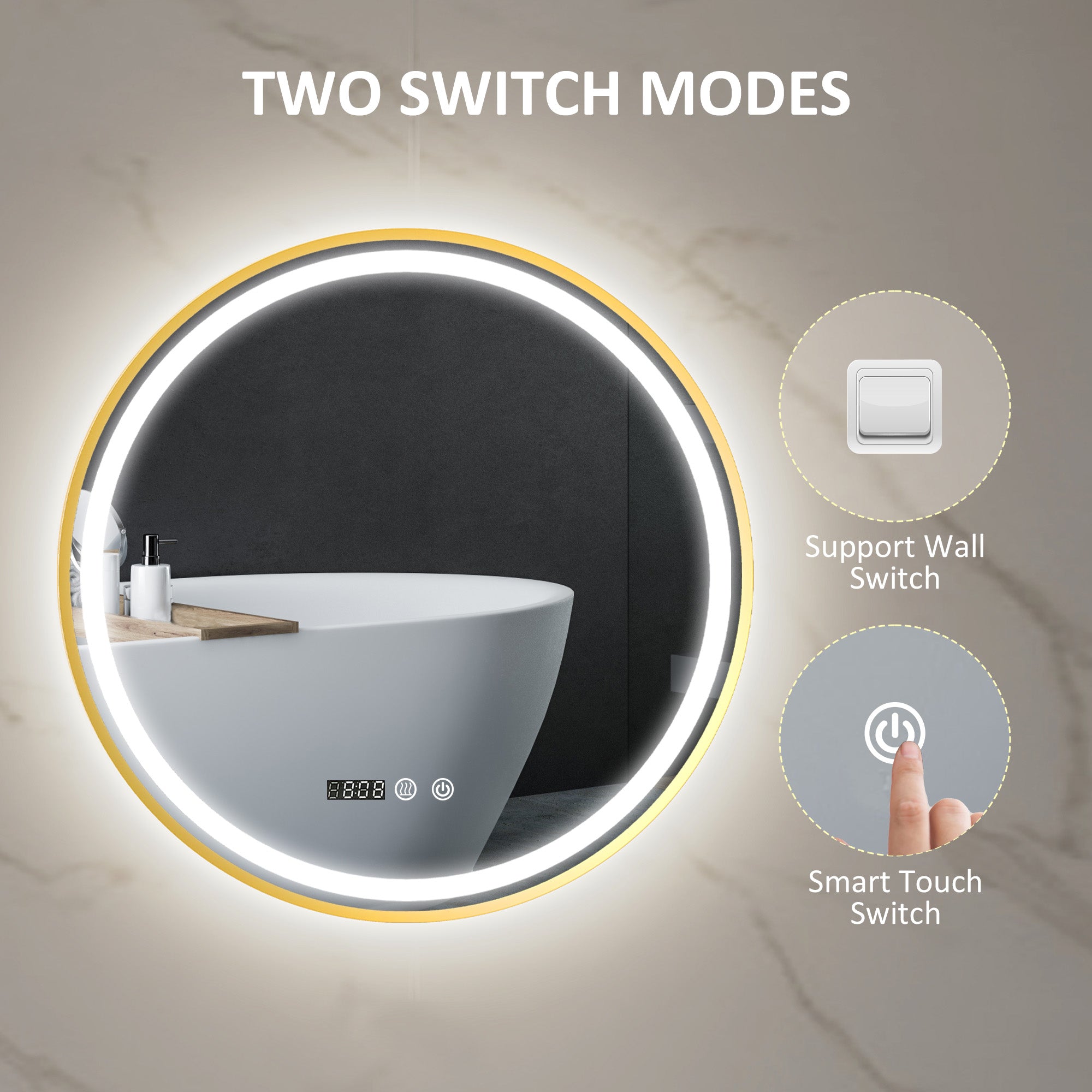 HOMCOM Round Bathroom Mirror with LED Lights, 600mm Backlit Illuminated Bathroom Mirror, Dimmable Wall Mounted Vanity Mirror with Demister Pad, Touch Switch, Time and Temp Display, Gold Tone - North Peak Garden Furniture