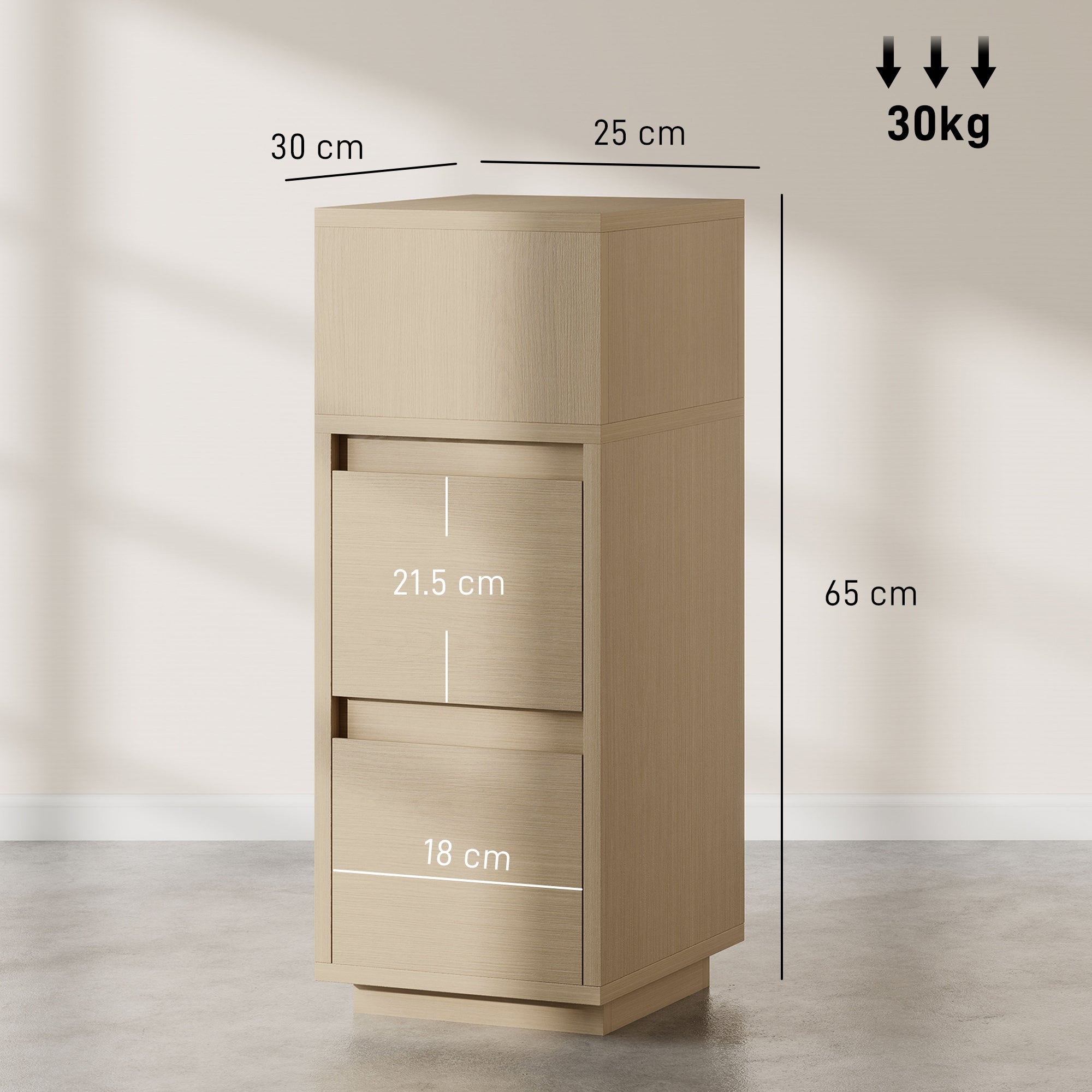 HOMCOM Slim Bedside Table, Narrow Bedside Cabinet with Open Shelf and 2 Drawers for Bedroom, Living Room, Natural Wood Finish