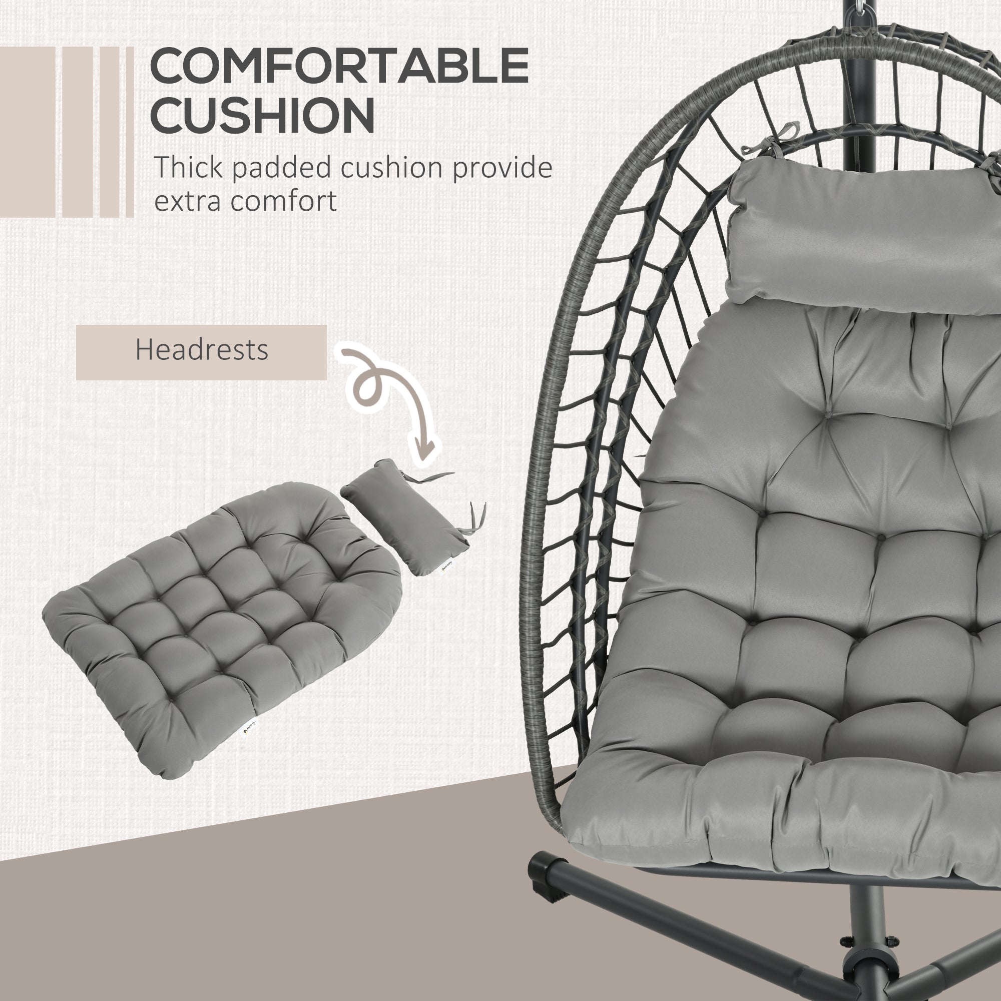 Outsunny Outdoor PE Rattan Swing Chair with Cushion, Garden Foldable Basket Patio Hanging Egg Chair with Metal Stand, Headrest, for Indoor and Outdoor, Light Grey - North Peak Garden Furniture