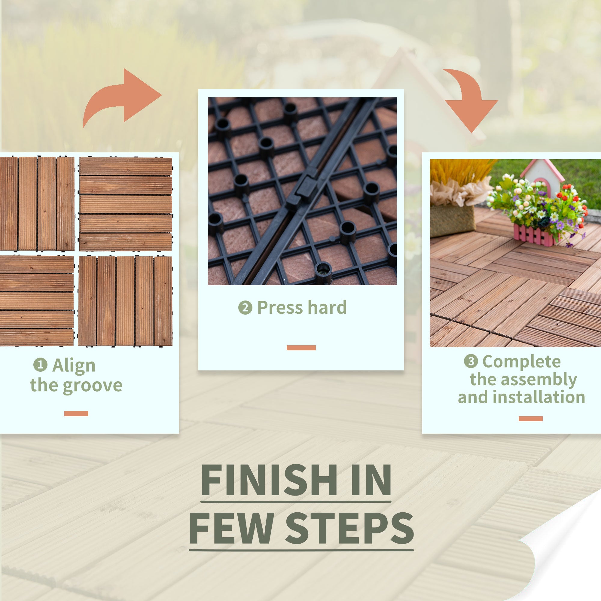 Outsunny 27 Pcs Solid Wood Interlocking Decking Tiles For Patio, Balcony, Roof Terrace, Hot Tub, Brown, (30 x 30 cm Per Piece) - North Peak Garden Furniture