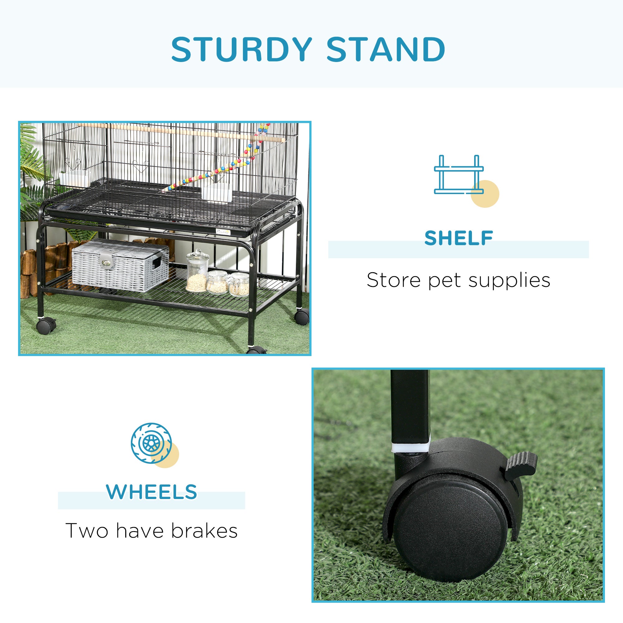 PawHut Large Bird Cage Budgie Cage with Stand, Toys, Wheels, Accessories, Storage Shelf for Canaries, Finches, Lovebirds, Parakeets - Black, 79 x 49 x 133 cm - North Peak Garden Furniture