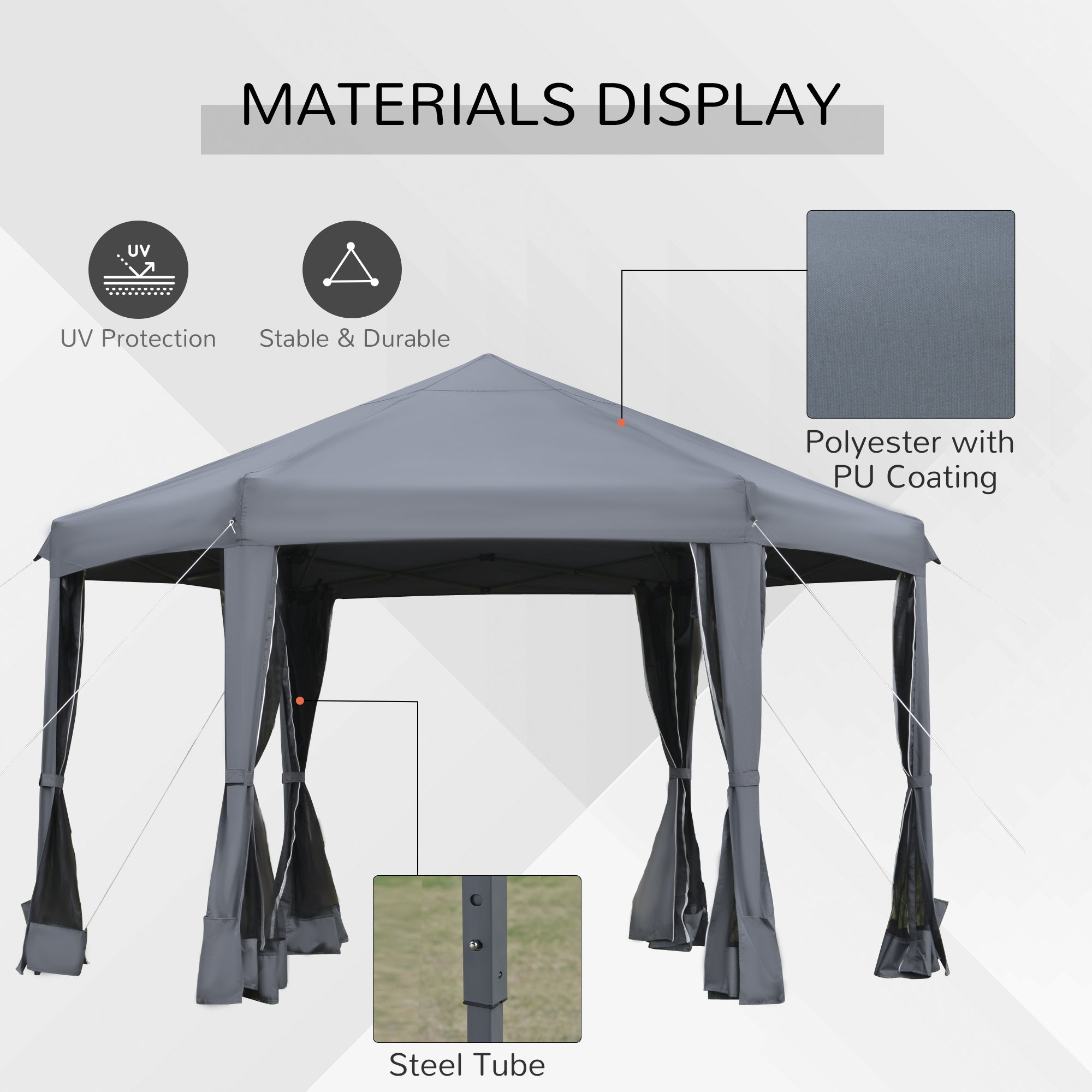 Outsunny 3.2m Pop Up Gazebo Hexagonal Canopy Tent Outdoor Sun Protection with Mesh Sidewalls, Handy Bag, Grey - North Peak Garden Furniture