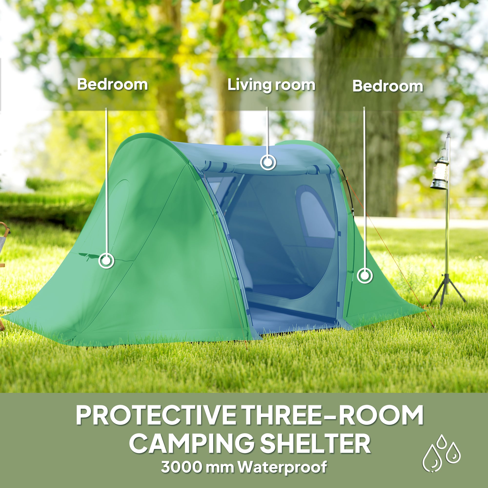 Outsunny 3 Man Camping Tent with Living Area and 2 Bedrooms, 3000mm Waterproof Family Tent with Sewn-in Groundsheet, Portable with Bag for Hiking, Festival, Backpacking, Green