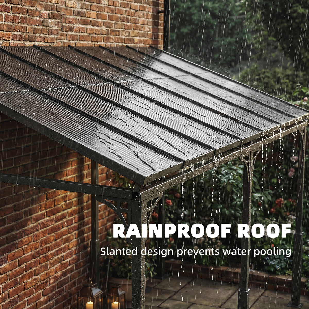 Outsunny 4 x 3 m Metal Lean-to Pergola, Wall-Mounted Garden Pergola with Polycarbonate Roof and Metal-Aluminium Frame, Heavy Duty Hardtop Gazebo for Outdoor Patios, BBQ, Brown