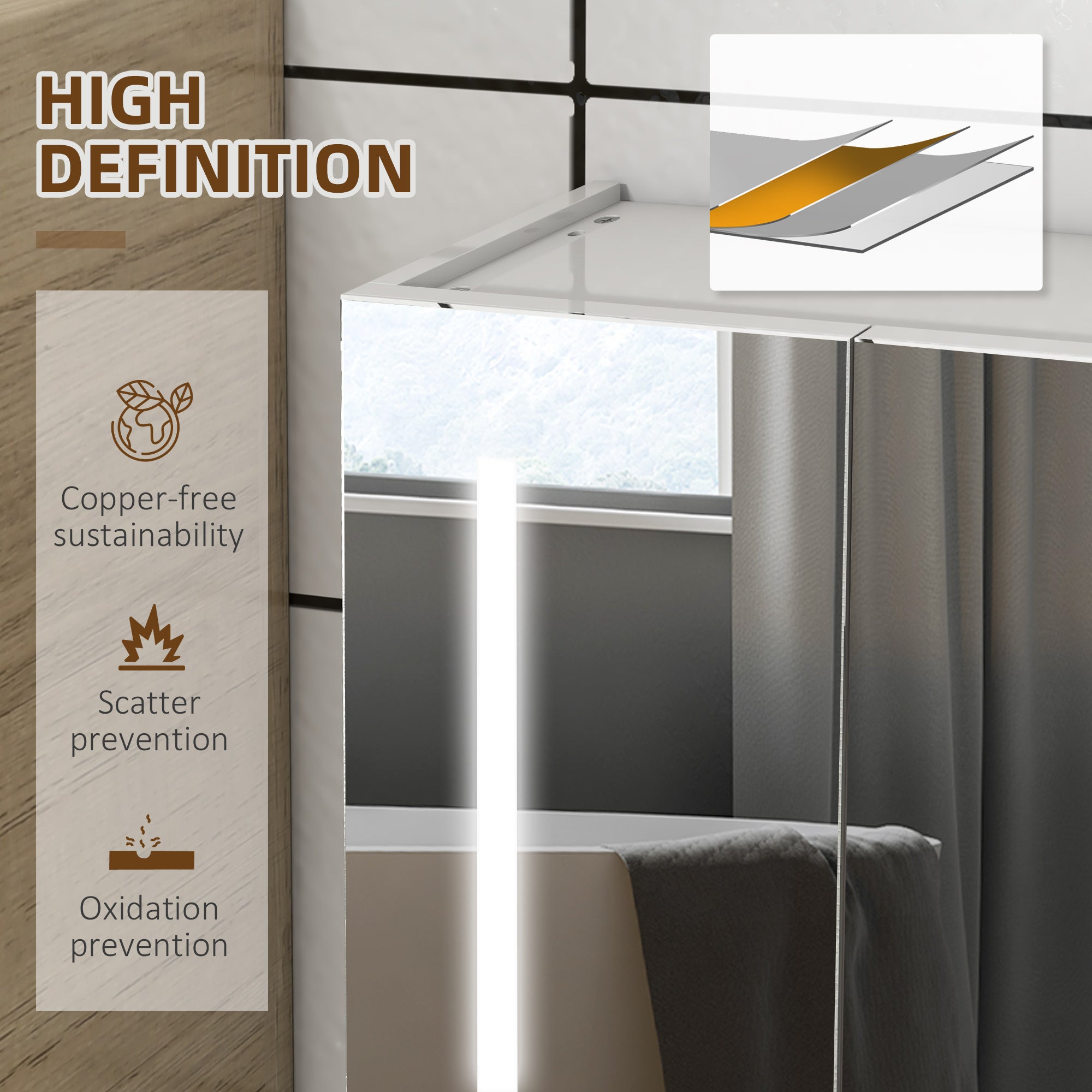 kleankin Bathroom Mirror Cabinet with Light, Bathroom Storage Cupboard with USB Charge, Adjustable Shelf, 90x15x70cm, White - North Peak Garden Furniture