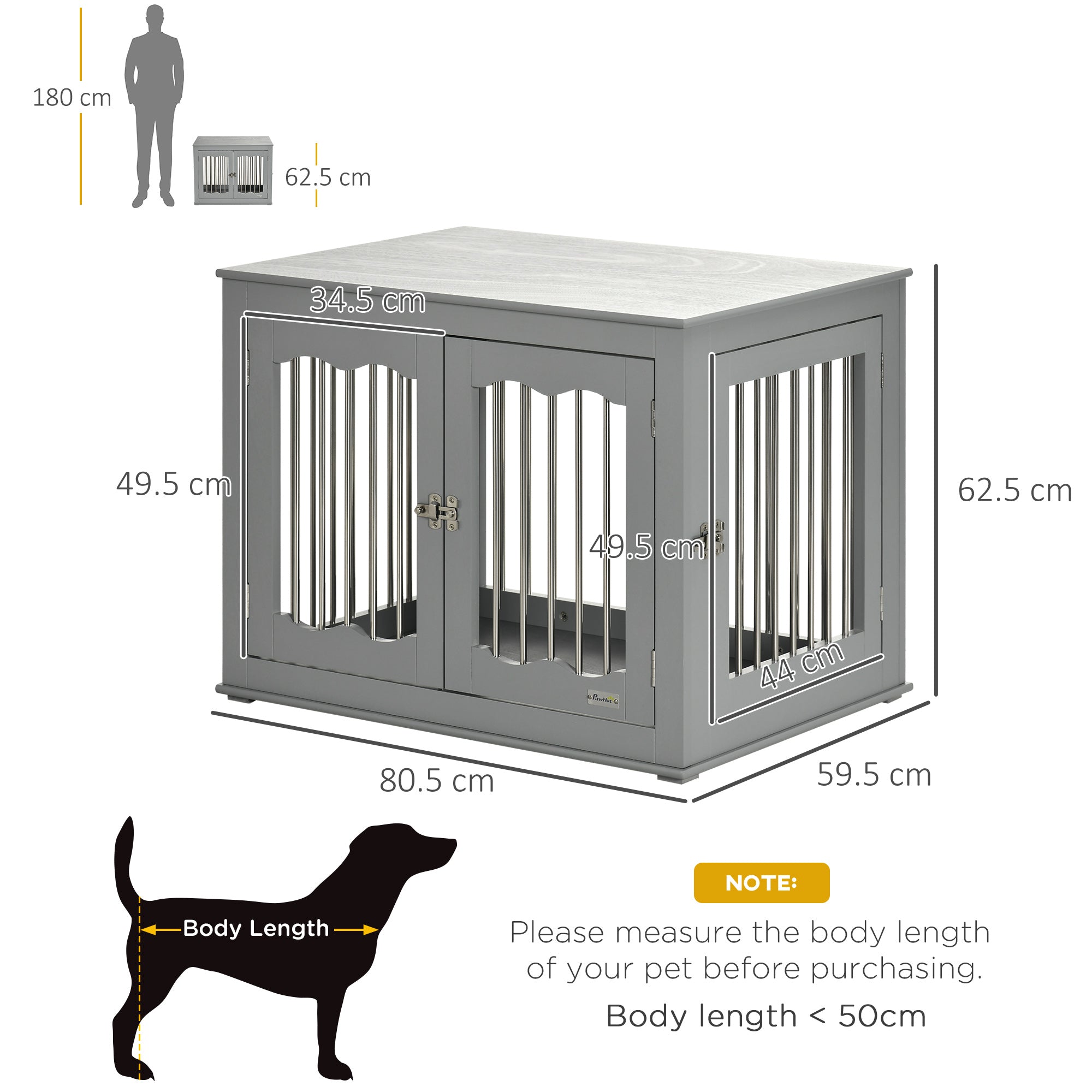 PawHut Dog Crate End Table Furniture Style Dog Cage w/ Three Doors, Locks and Latches - Grey