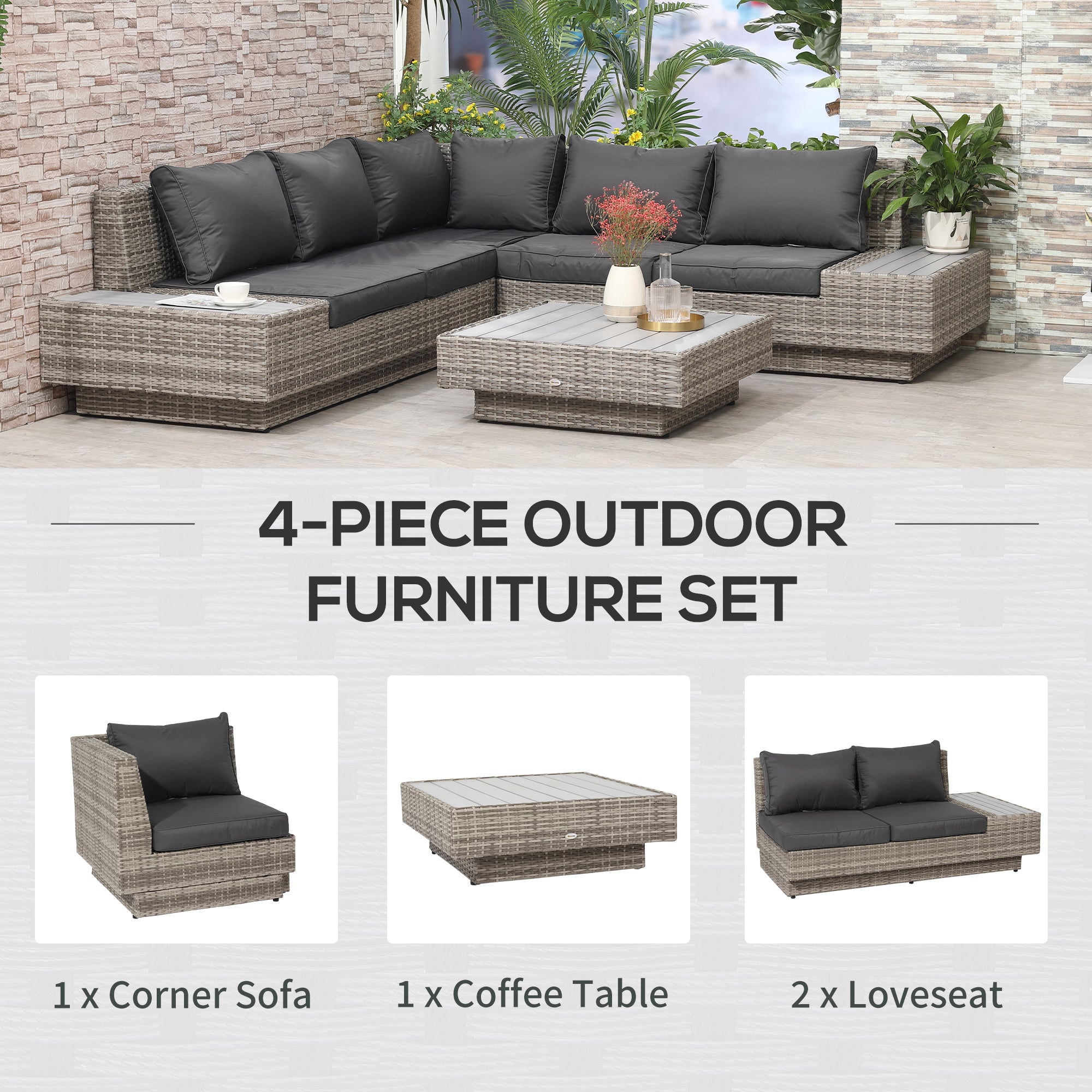 Outsunny 4 PCs Rattan Garden Furniture Outdoor Sectional Corner Sofa and Coffee Table Set  Conservatory Wicker Weave Furniture with Armrest and Cushions - Light Grey