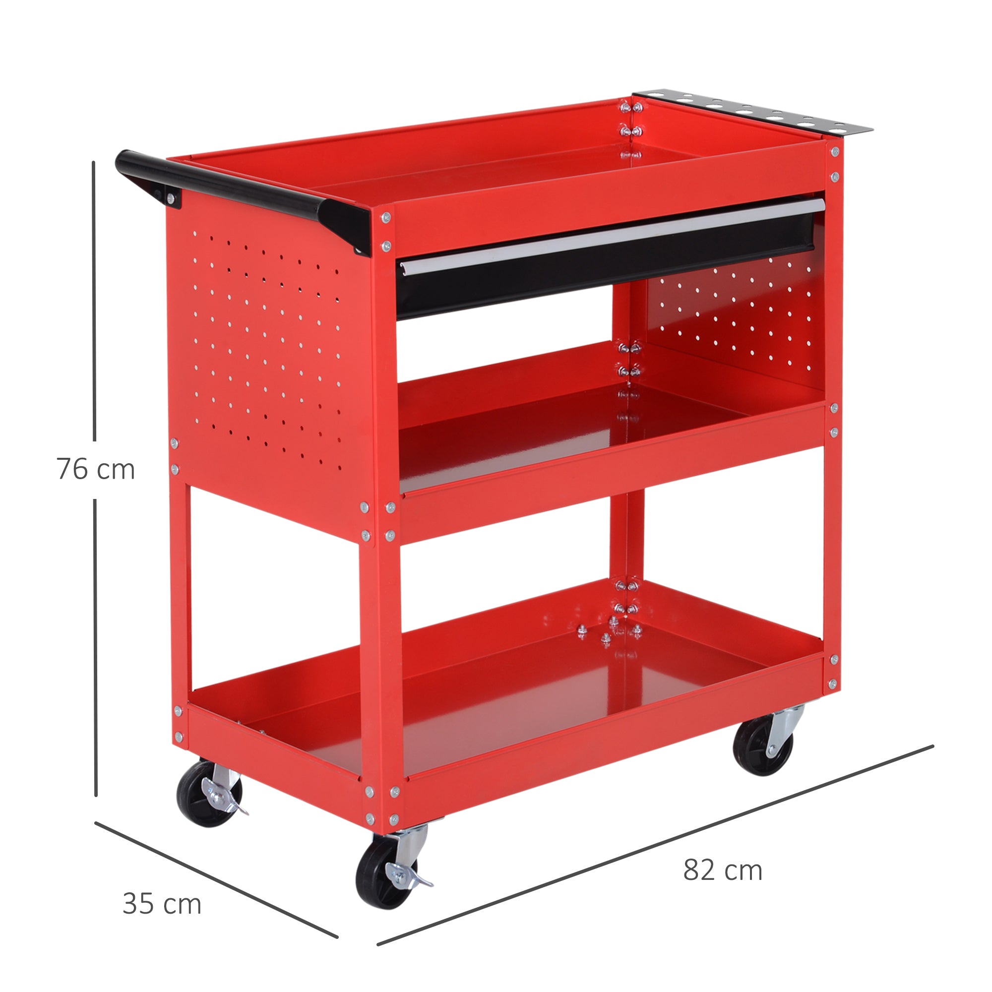 DURHAND 3-Tier Tool Trolley Cart Storage Shelf Roller Cabinet DIY Box Garage Workshop with Drawer Red - North Peak Garden Furniture