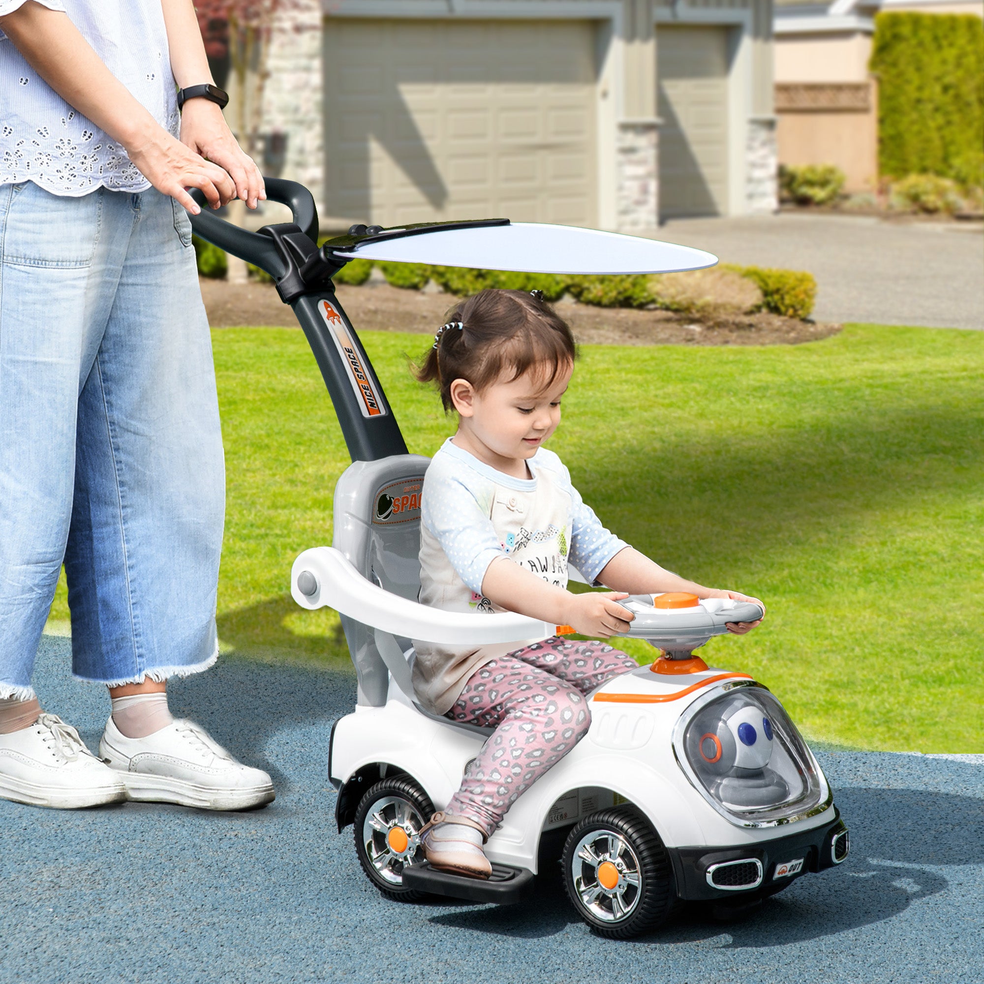 AIYAPLAY 3 in 1 Ride on Push Car, Cartoon Robot Theme Foot to Floor Slider w/ Handle Light Music Horn, Storage - White - North Peak Garden Furniture