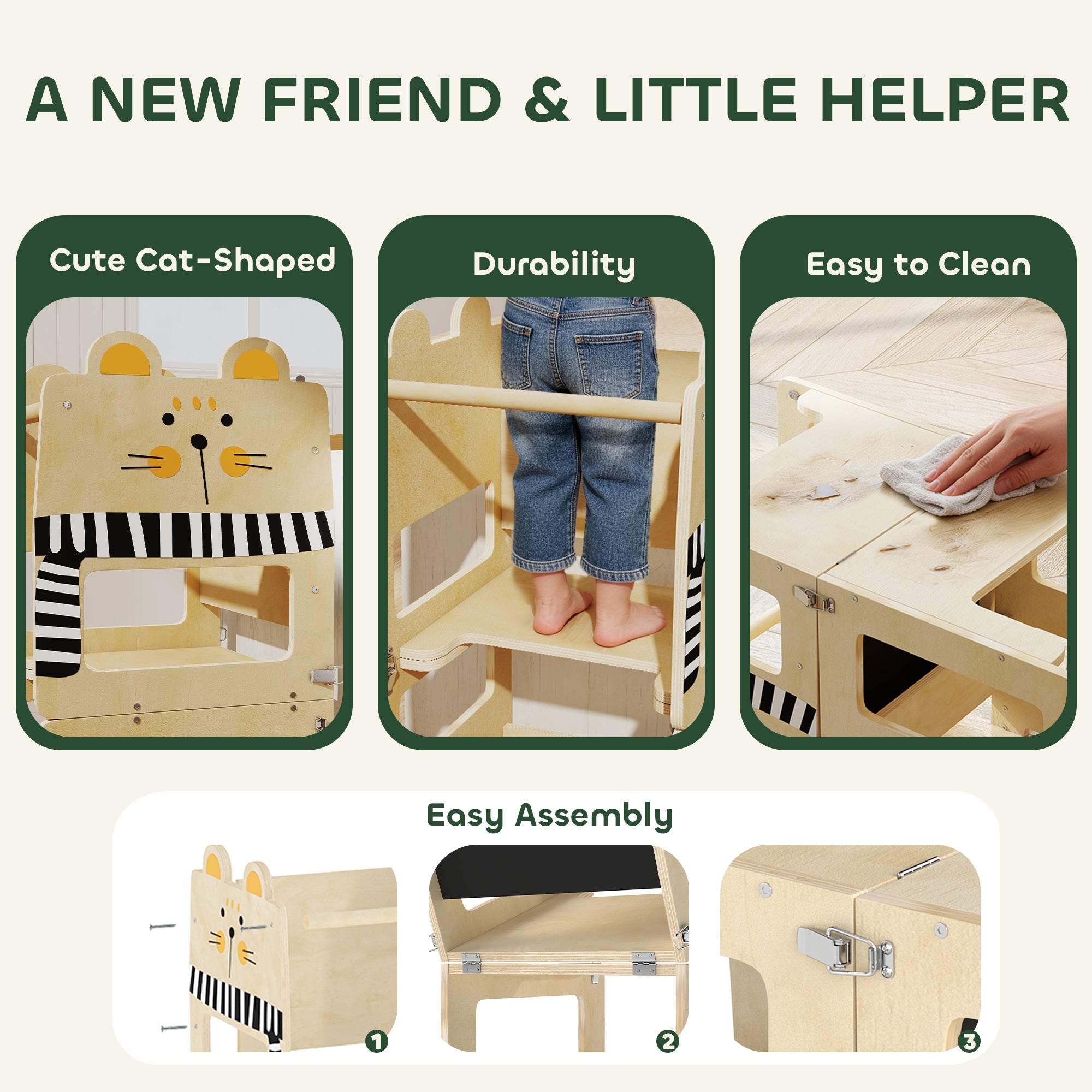 AIYAPLAY Toddler Step Stool, Standing Tower with Chalkboard, 3-in-1 Cat-Shaped Step Stool for Kitchen Counter, Natural