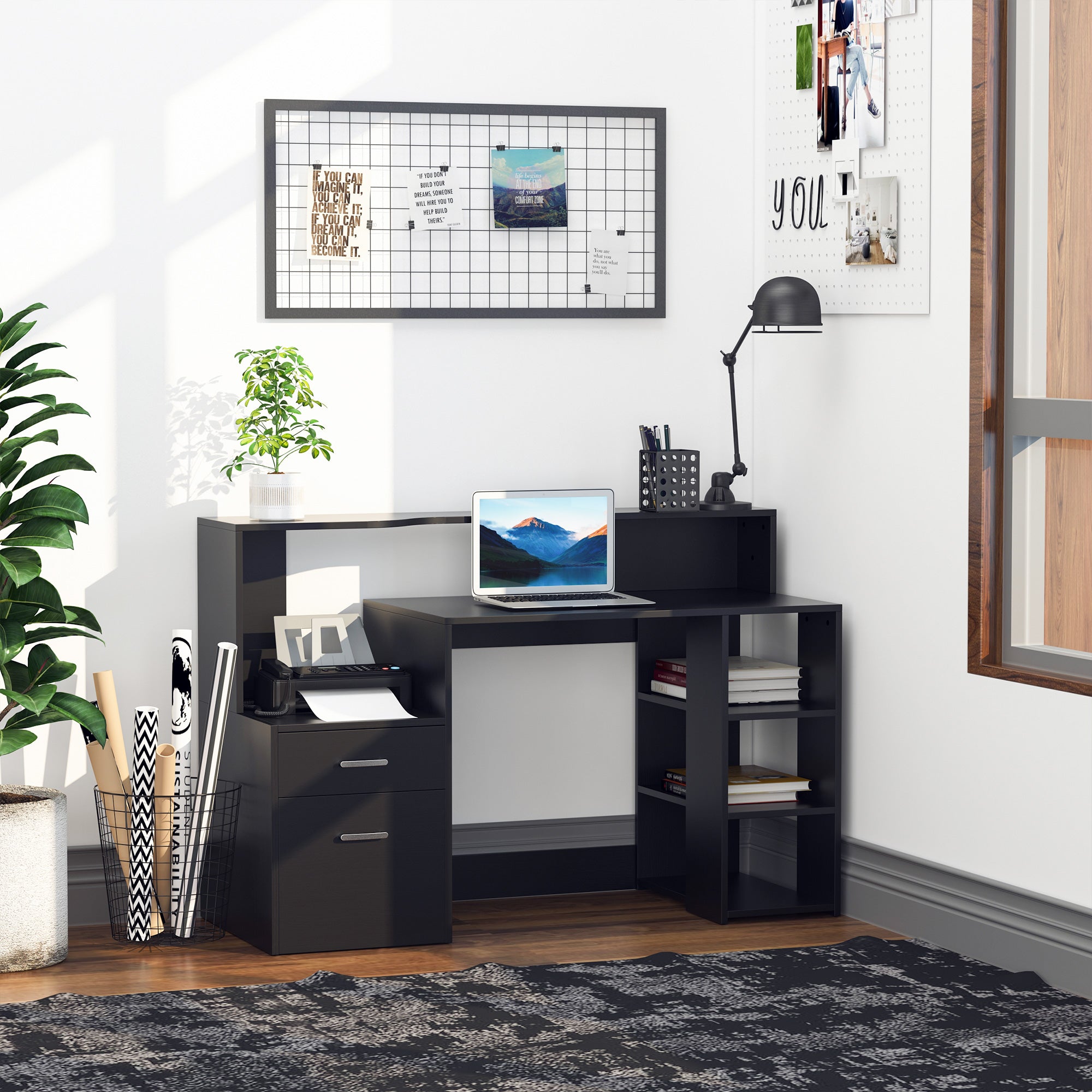 HOMCOM Computer Desk with Drawers and Storage Shelves, Reception Desk, Study Workstation for Home Office, 137 x 55 x 92cm, Black - North Peak Garden Furniture