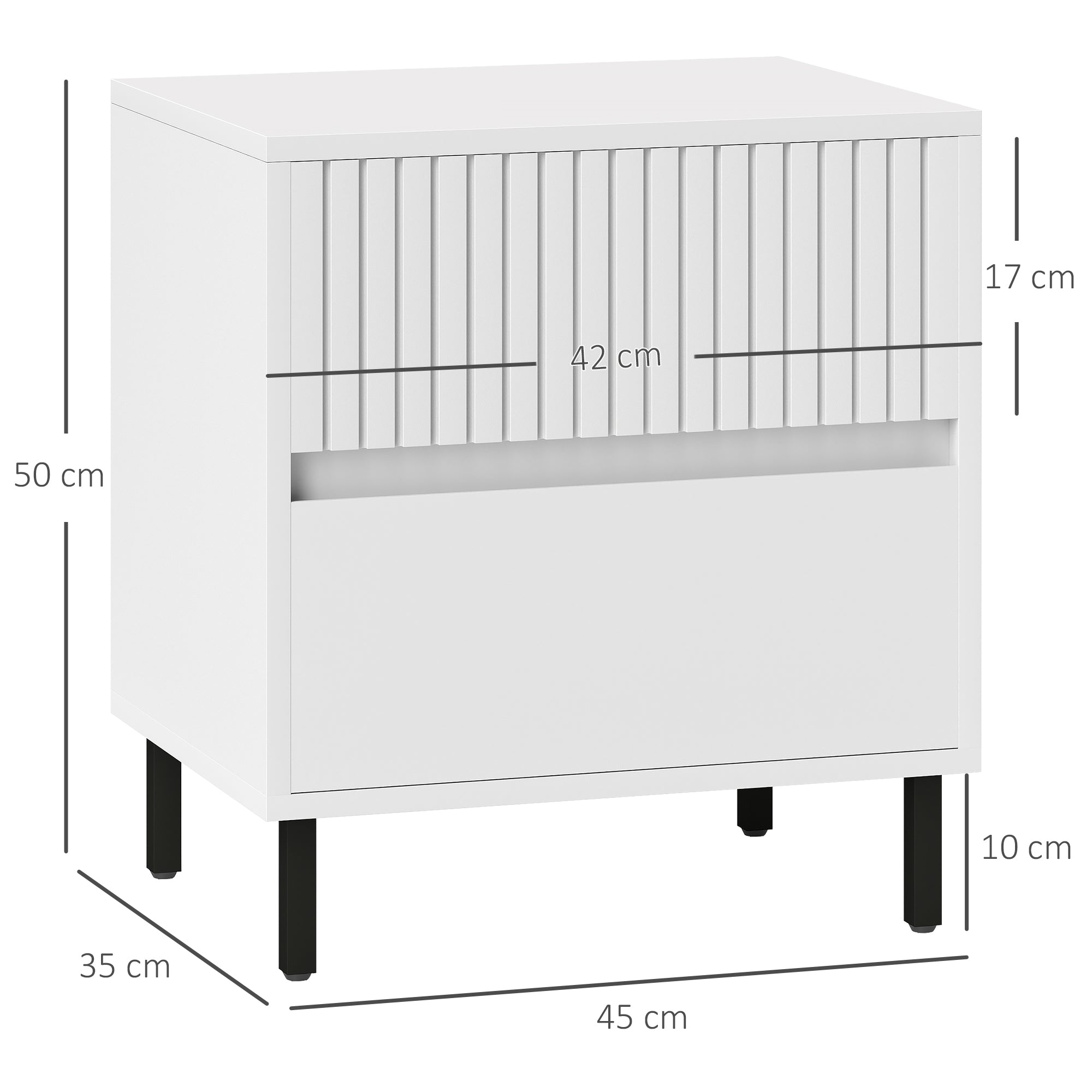 HOMCOM Simple Line Indented Two-Drawer Bedside Table - White - North Peak Garden Furniture