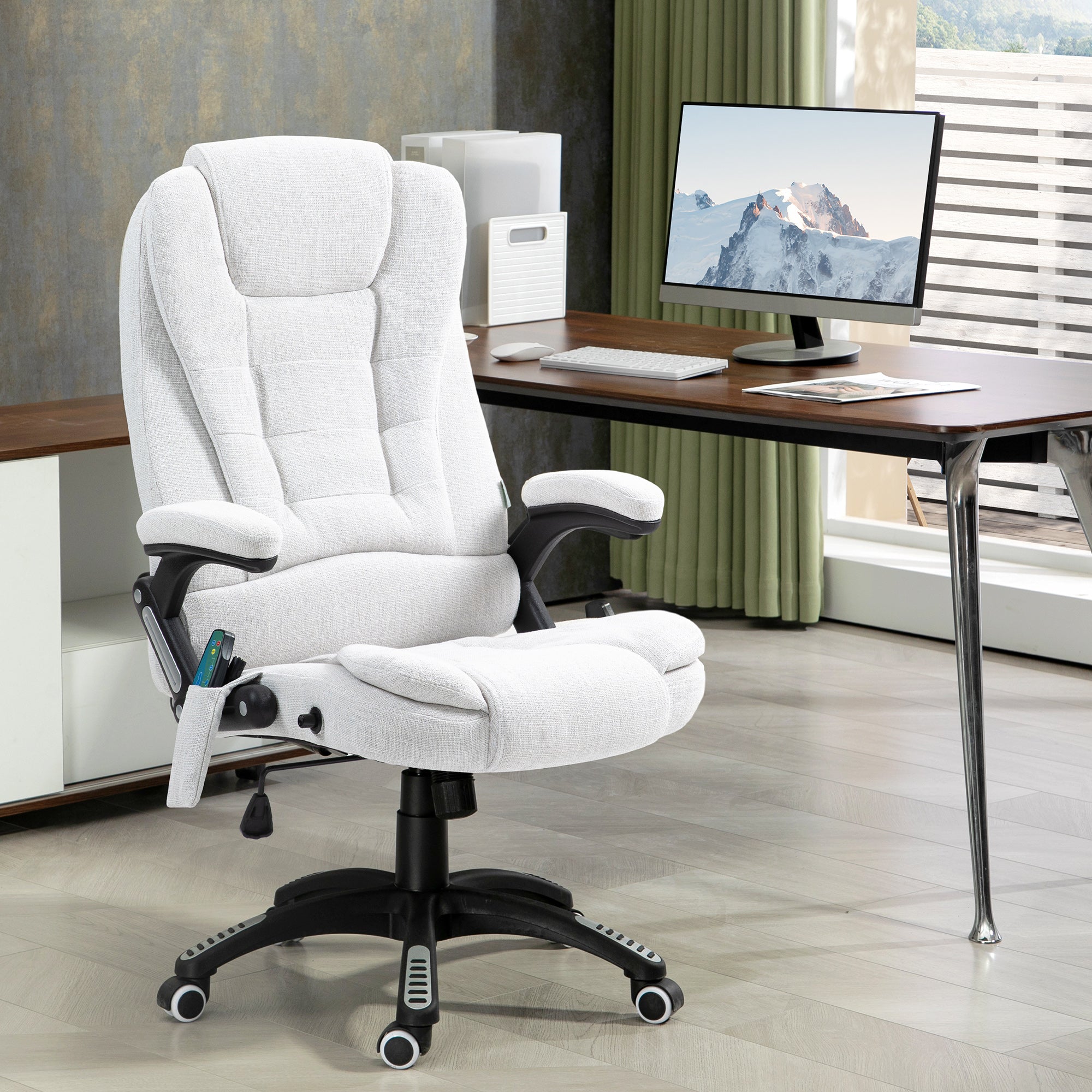 Vinsetto Massage Recliner Chair Heated Office Chair with Six Massage Points Linen-Feel Fabric 360° Swivel Wheels Cream White - North Peak Garden Furniture