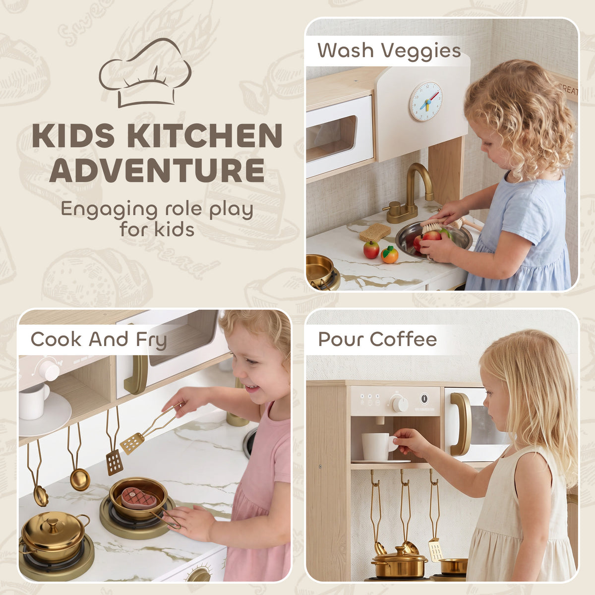 AIYAPLAY Play Kitchen, Kids Kitchen Playset with Rotating Coffee Machine, Storage Shelf, Stove, Gift for Kids 3-6 Years, White