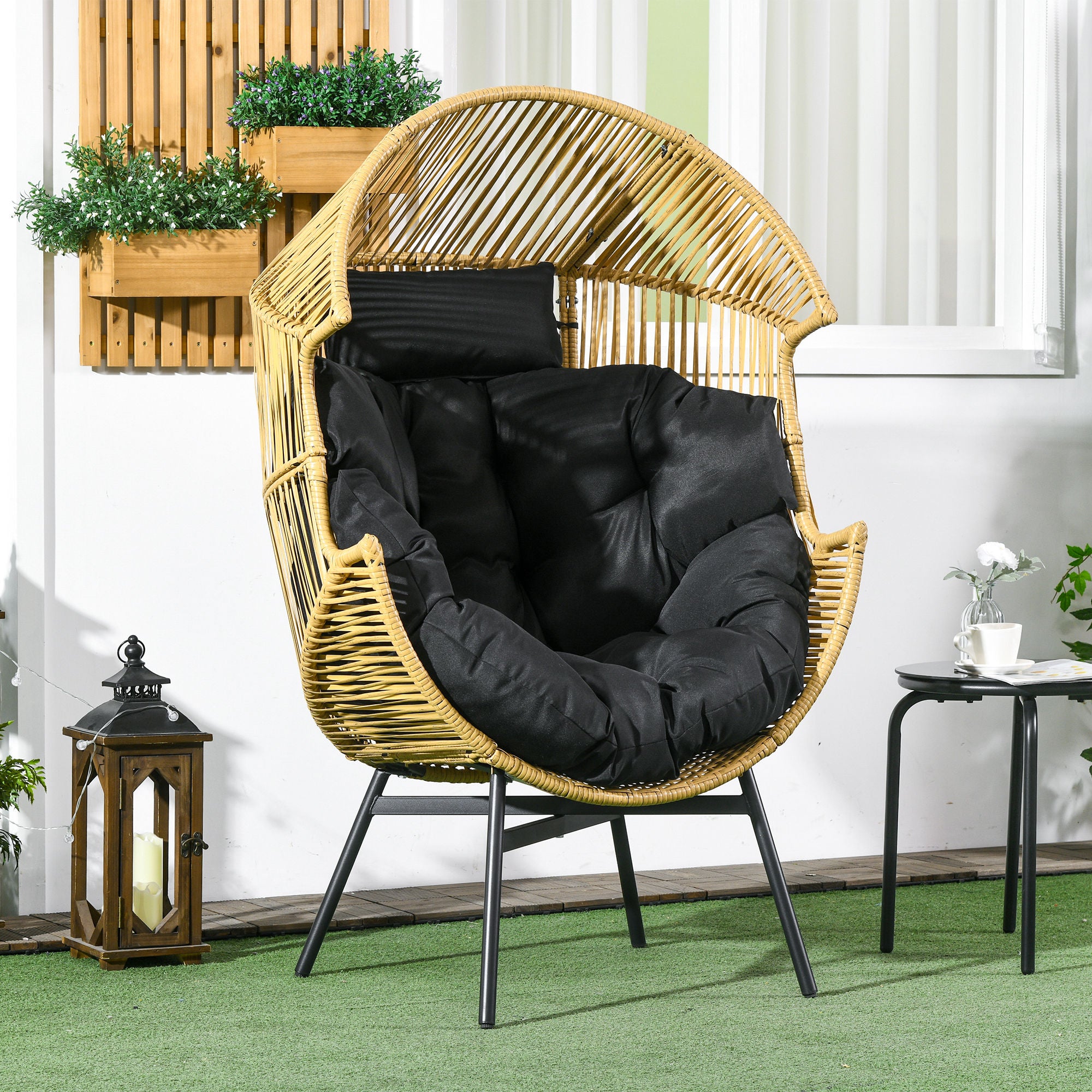 Outsunny String Rattan Egg Chair, with Padded Seat Cushion - Sand/Black - North Peak Garden Furniture