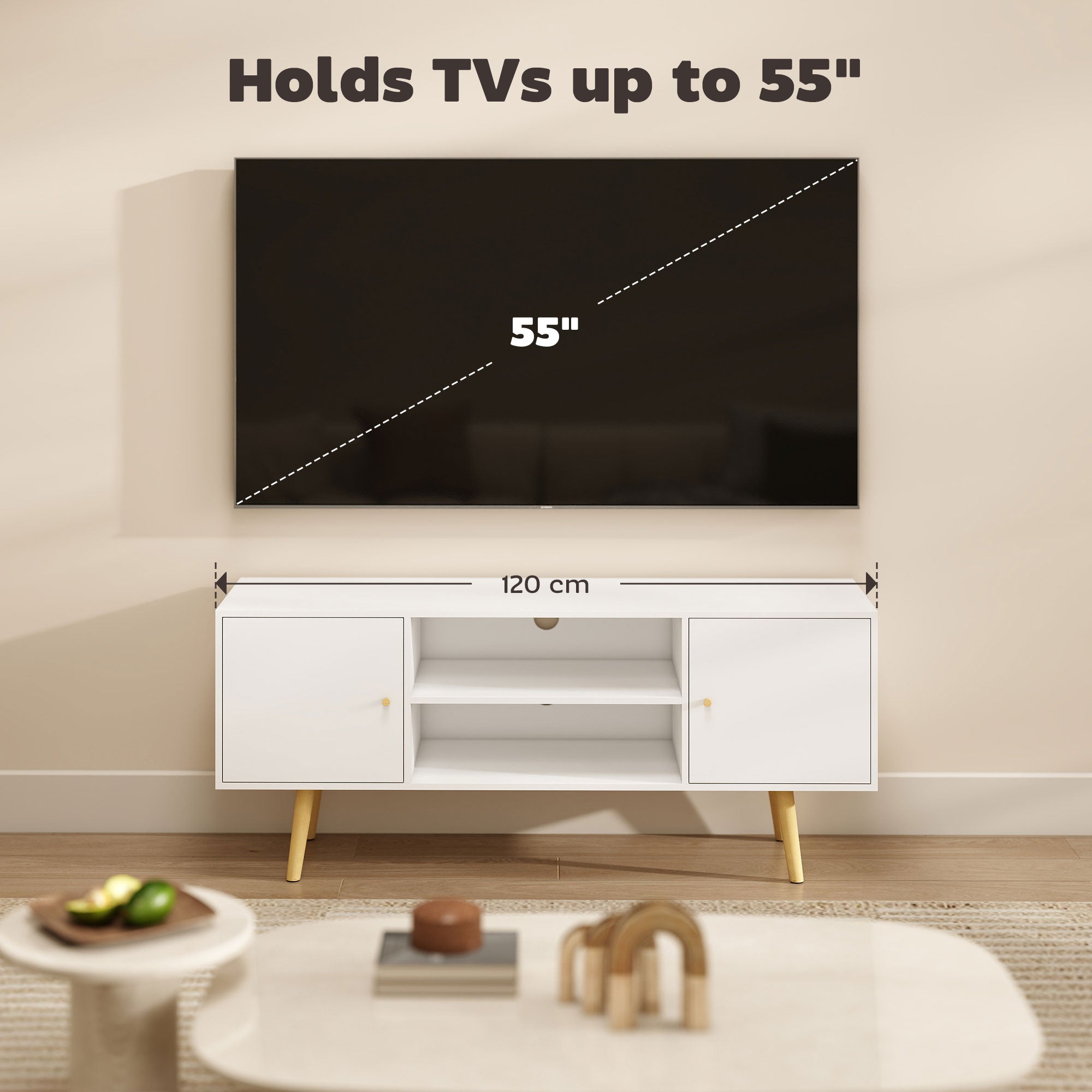 HOMCOM TV Unit Cabinet for TVs up to 55 Inches, TV Stand with Storage Shelves and Wood Legs for Living Room, White