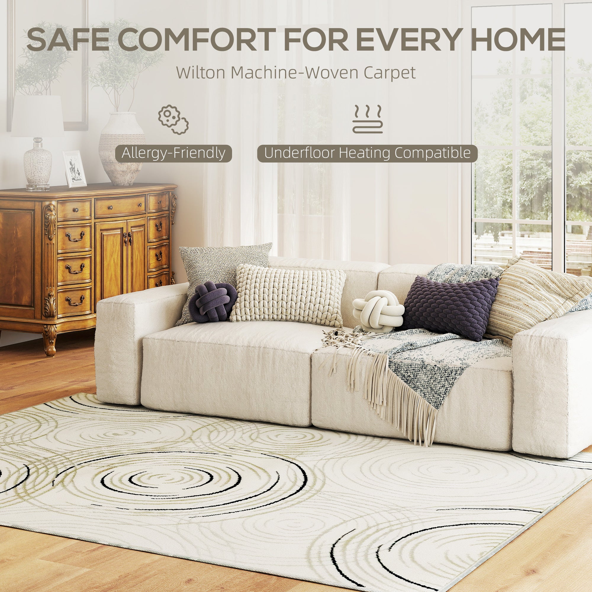 HOMCOM Modern Area Rug, Machine Washable Rug, Allergy-Friendly Floor Carpet for Living Room, Bedroom, Dining Room, Home Office, 170 x 120 cm, Cream White