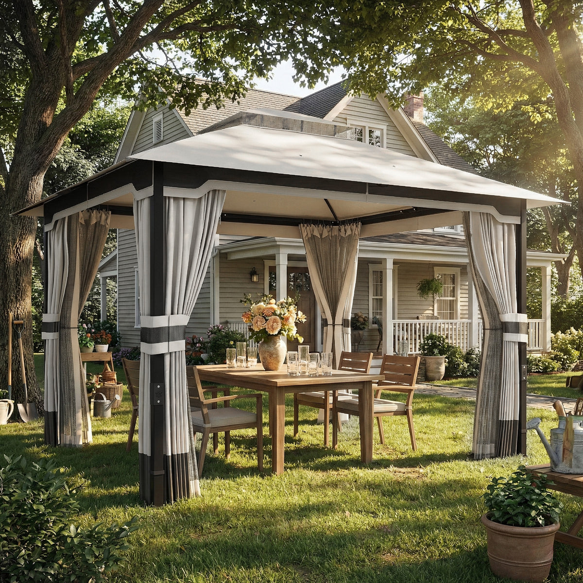 Outsunny 3 x 3.6 m Outdoor Garden Gazebo with Netting and Curtains, Double Roof Patio Gazebo Permanent Pavilion, Light Grey