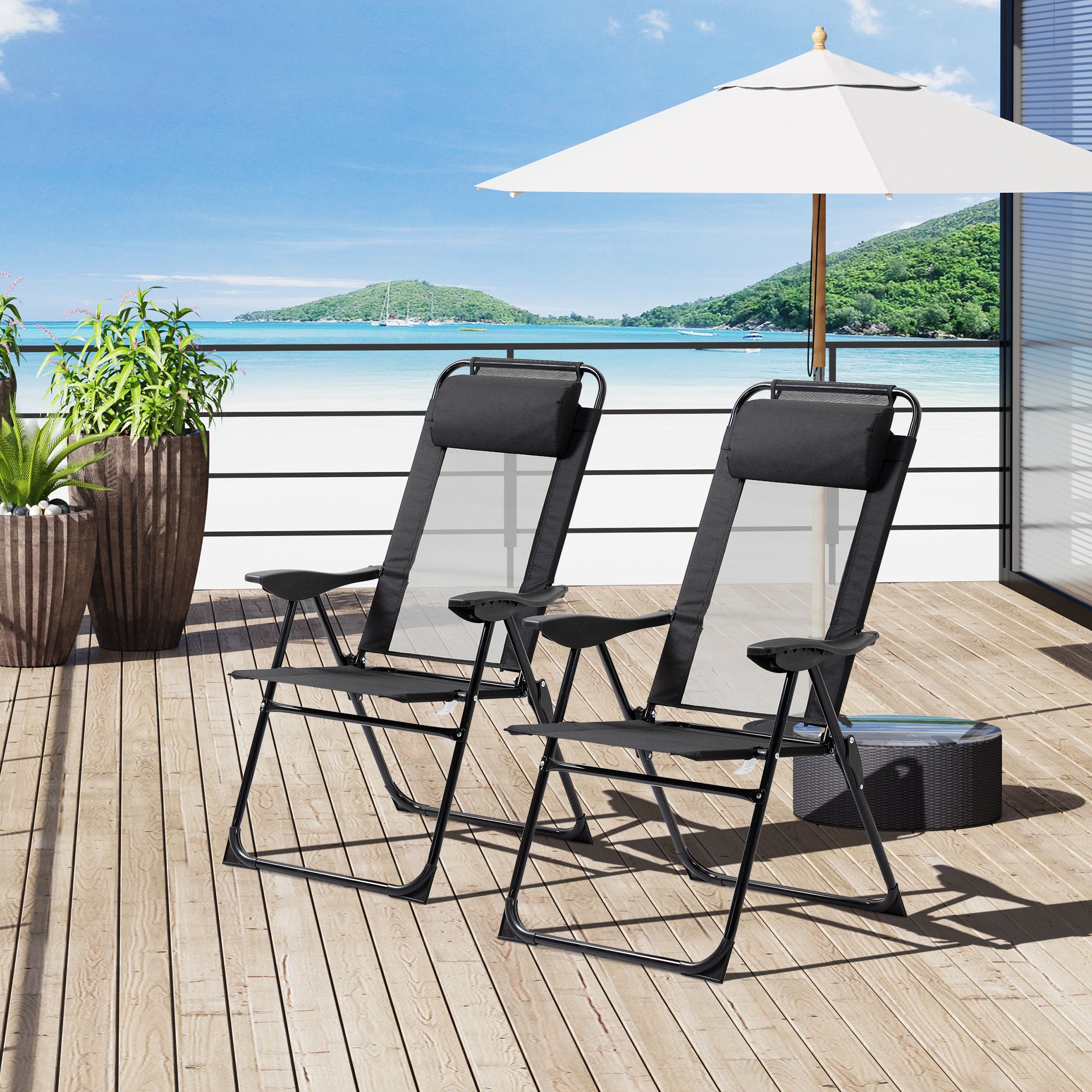 Outsunny Set of 2 Portable Folding Recliner Metal Outdoor Patio Chaise Lounge Chairs with Adjustable Backrest, Black - North Peak Garden Furniture