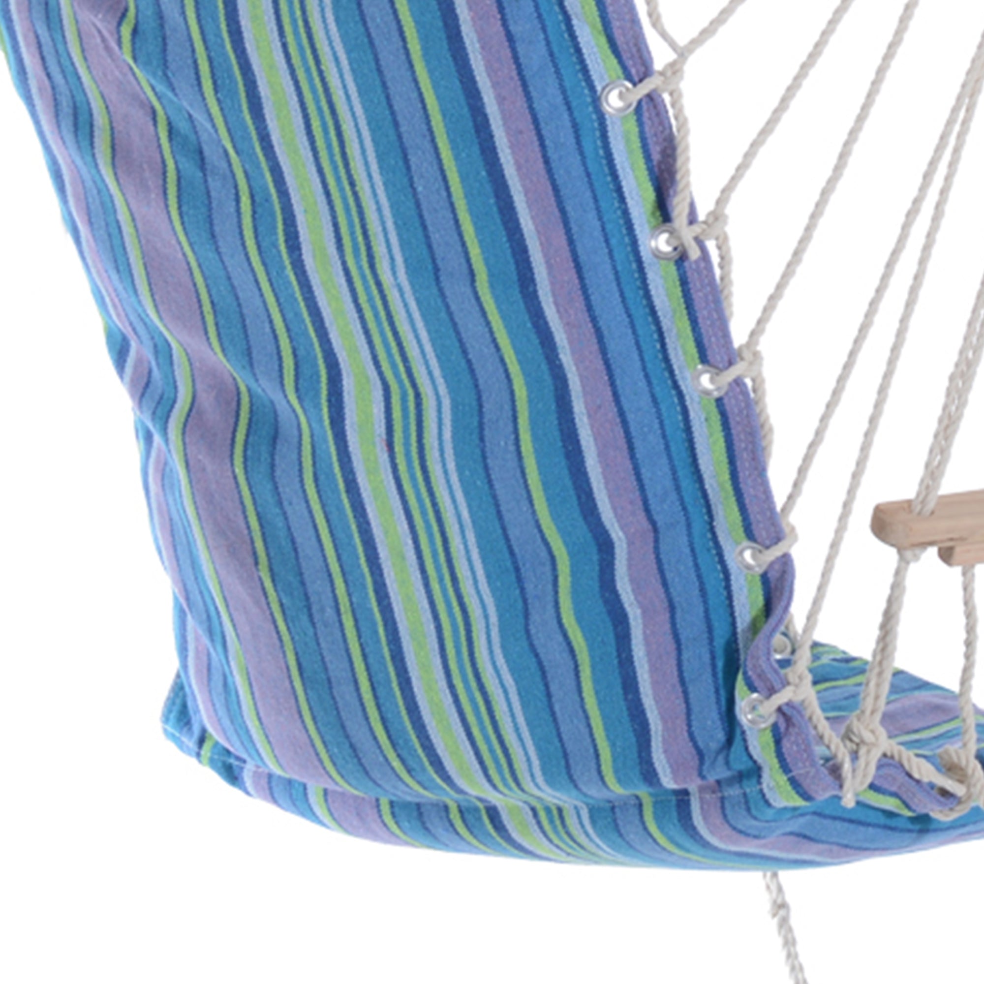 Outsunny Hanging Rope Chair with Soft Padded Seat & Backrest, Portable Garden Hammoc Chair with Wooden Support Bar, Armrests, Cotton Cloth, Footrest, for Patio & Tree, Blue - North Peak Garden Furniture