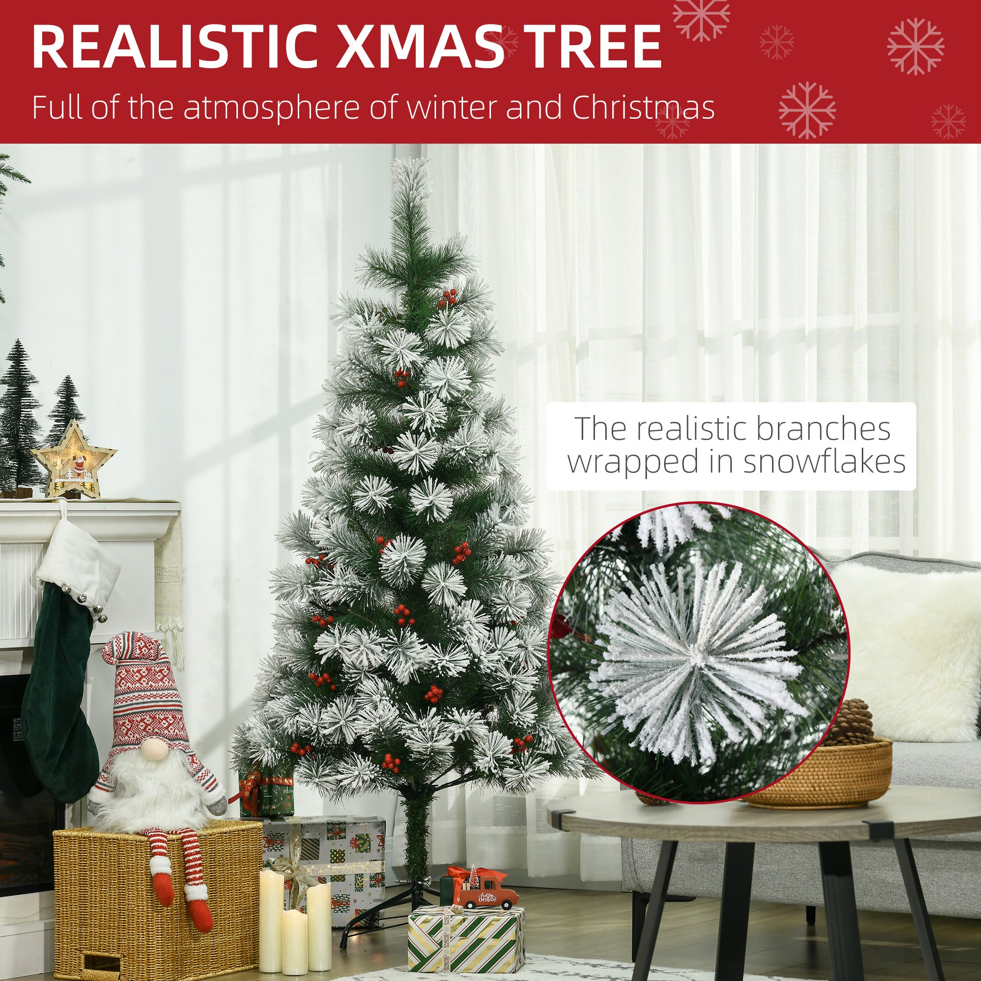 HOMCOM Indoor Christmas Tree Artificial Berry Xmas Decoration with Metal Stand and 184 Tips (5FT(150CM)) - North Peak Garden Furniture