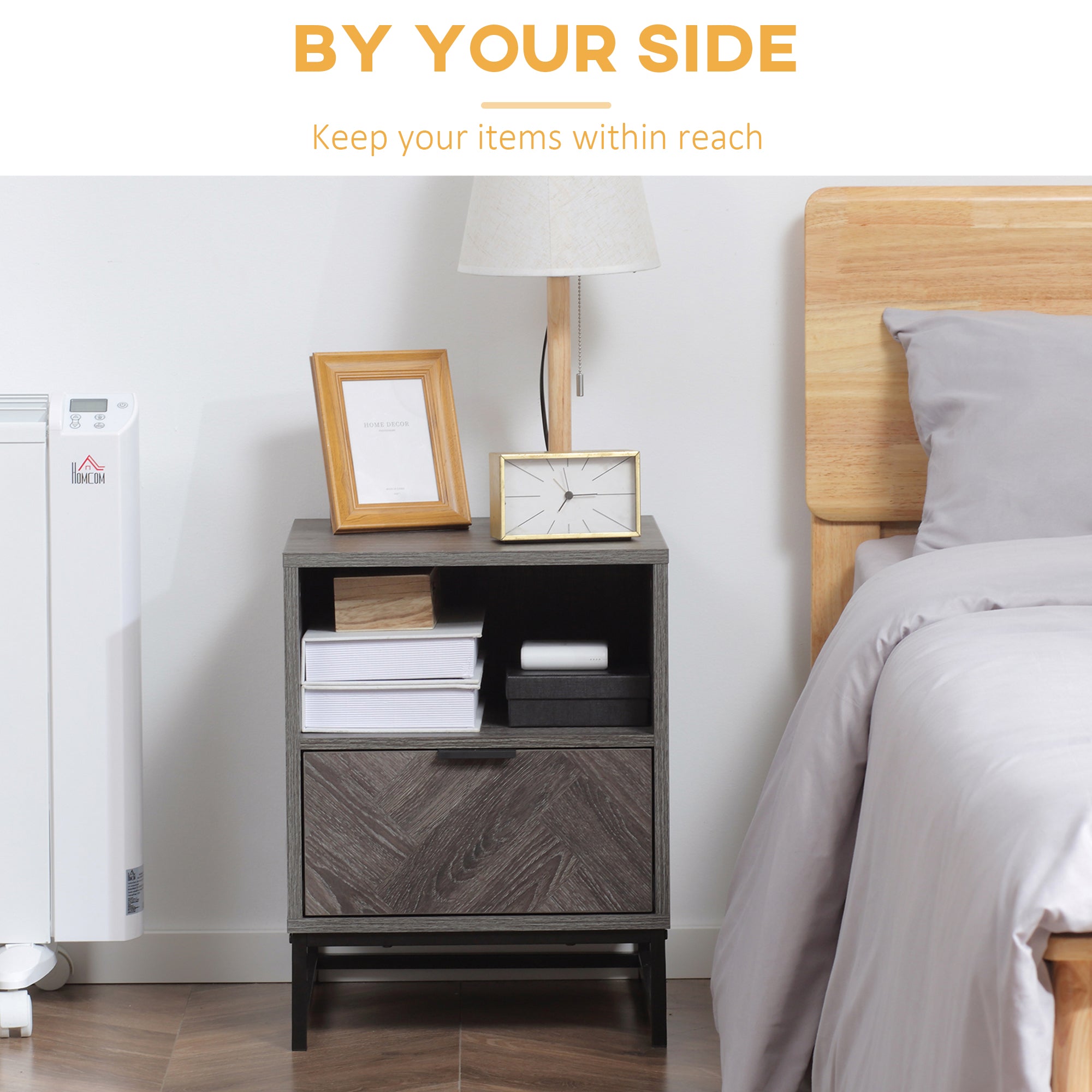 HOMCOM Bedside Table with Drawer and Shelf, Side End Table with Steel Legs for Living Room, Bedroom, Set of 2, Dark Grey - North Peak Garden Furniture
