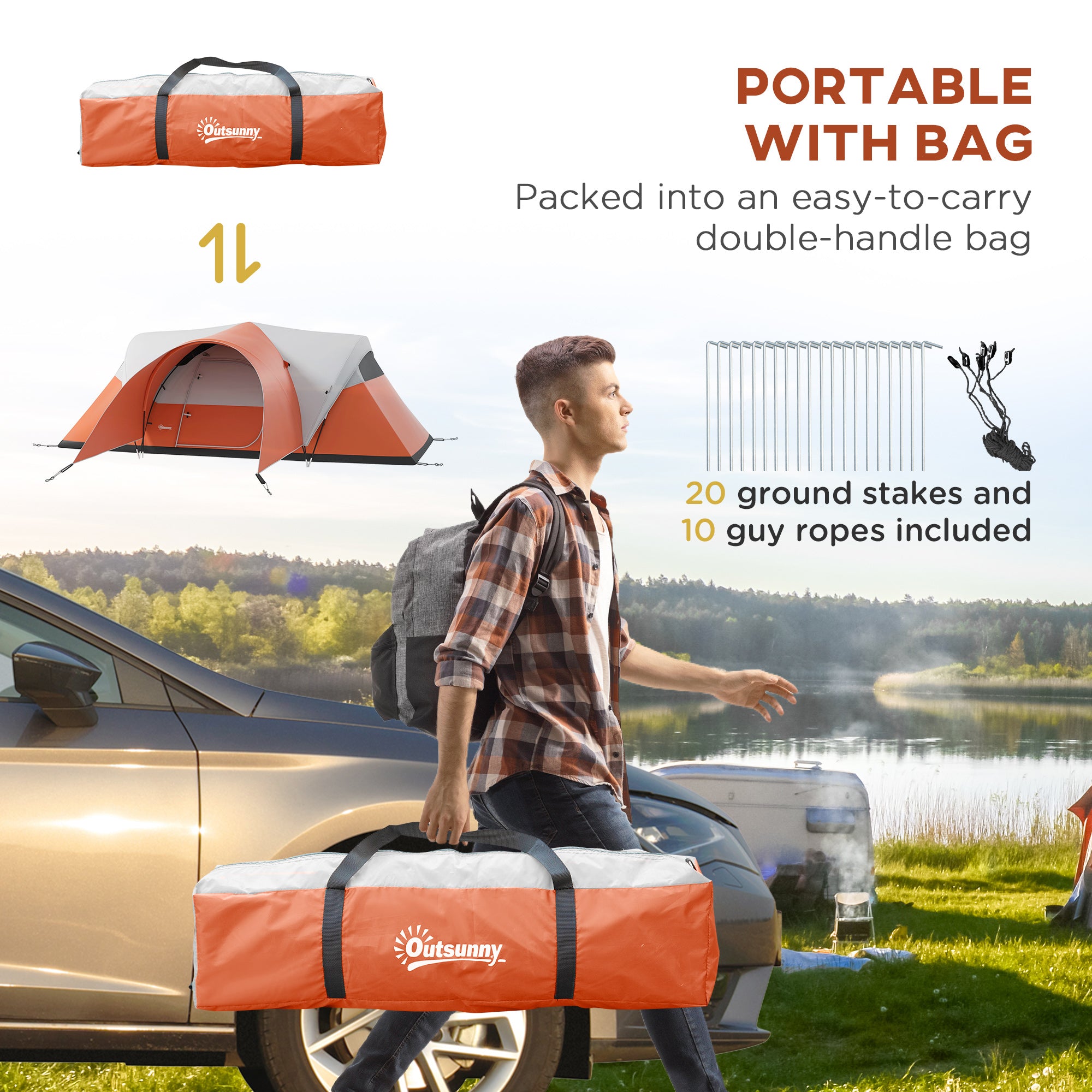 Outsunny 3000mm Waterproof Camping Tent for 5-6 Man, Family Tent with Porch and Sewn in Groundsheet, Portable with Bag, Orange - North Peak Garden Furniture