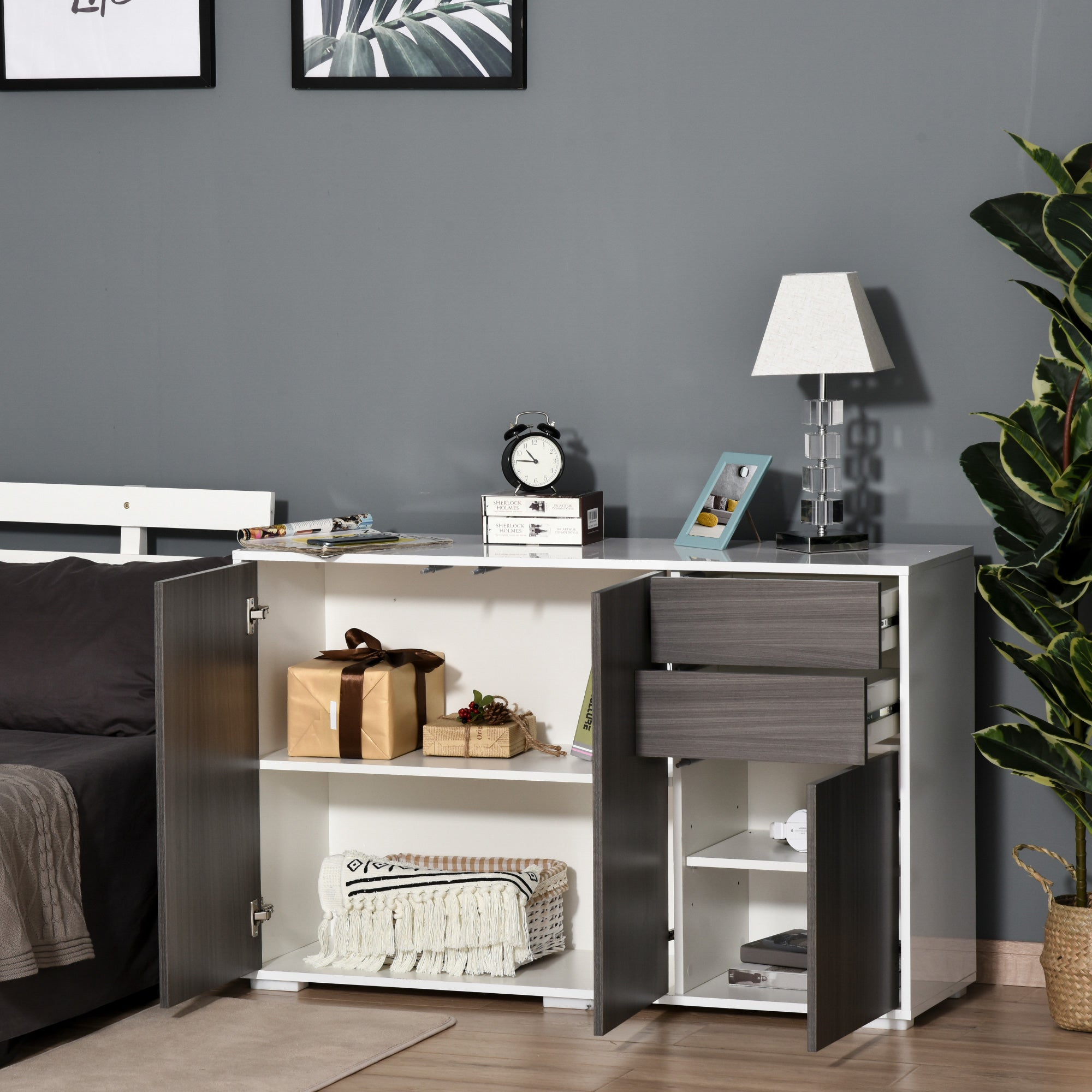 HOMCOM High Gloss Frame Sideboard, Side Cabinet, Push-Open Design with 2 Drawer for Living Room, Bedroom, Light Grey and White - North Peak Garden Furniture