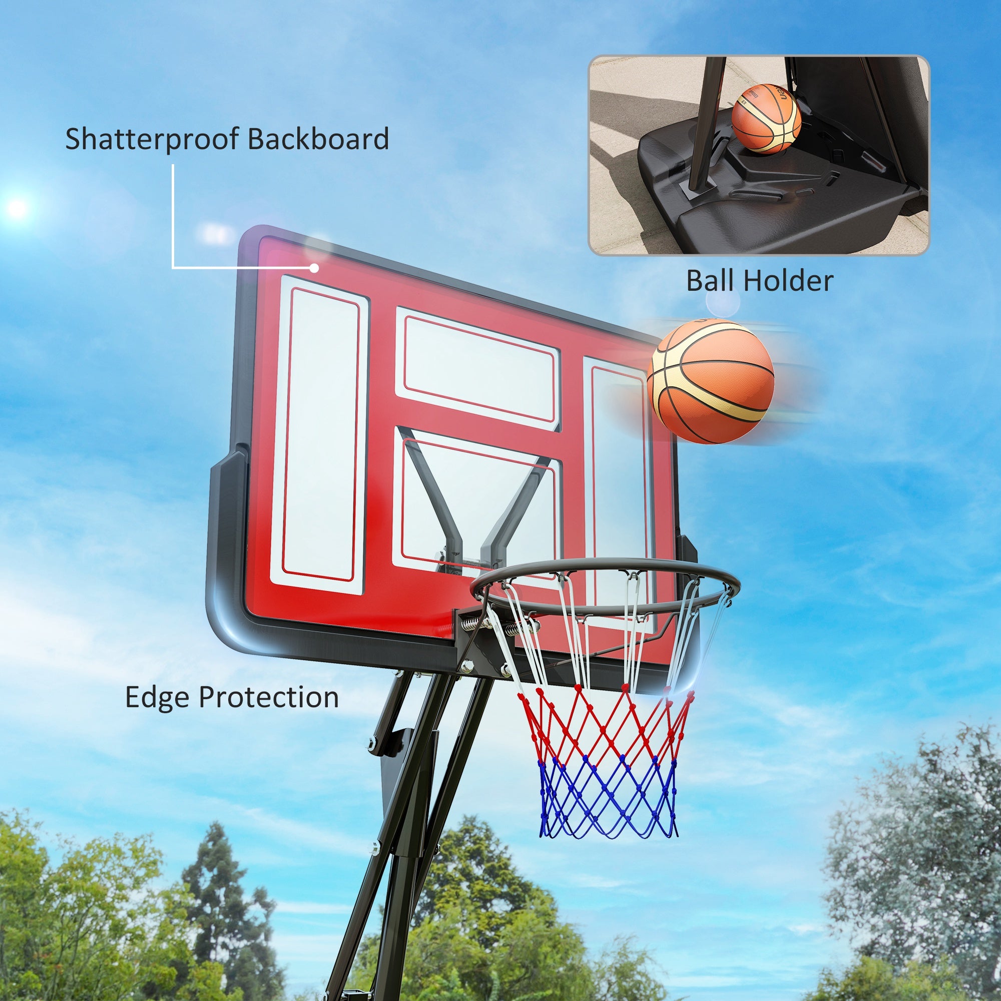 SPORTNOW Basketball Hoop Outdoor, Height Adjustable Basketball Hoop and Stand with Rebound System, Weighted Base, Portable on Wheels, 2.45-3.05m, for Teens, Juniors, Adults, Red - North Peak Garden Furniture