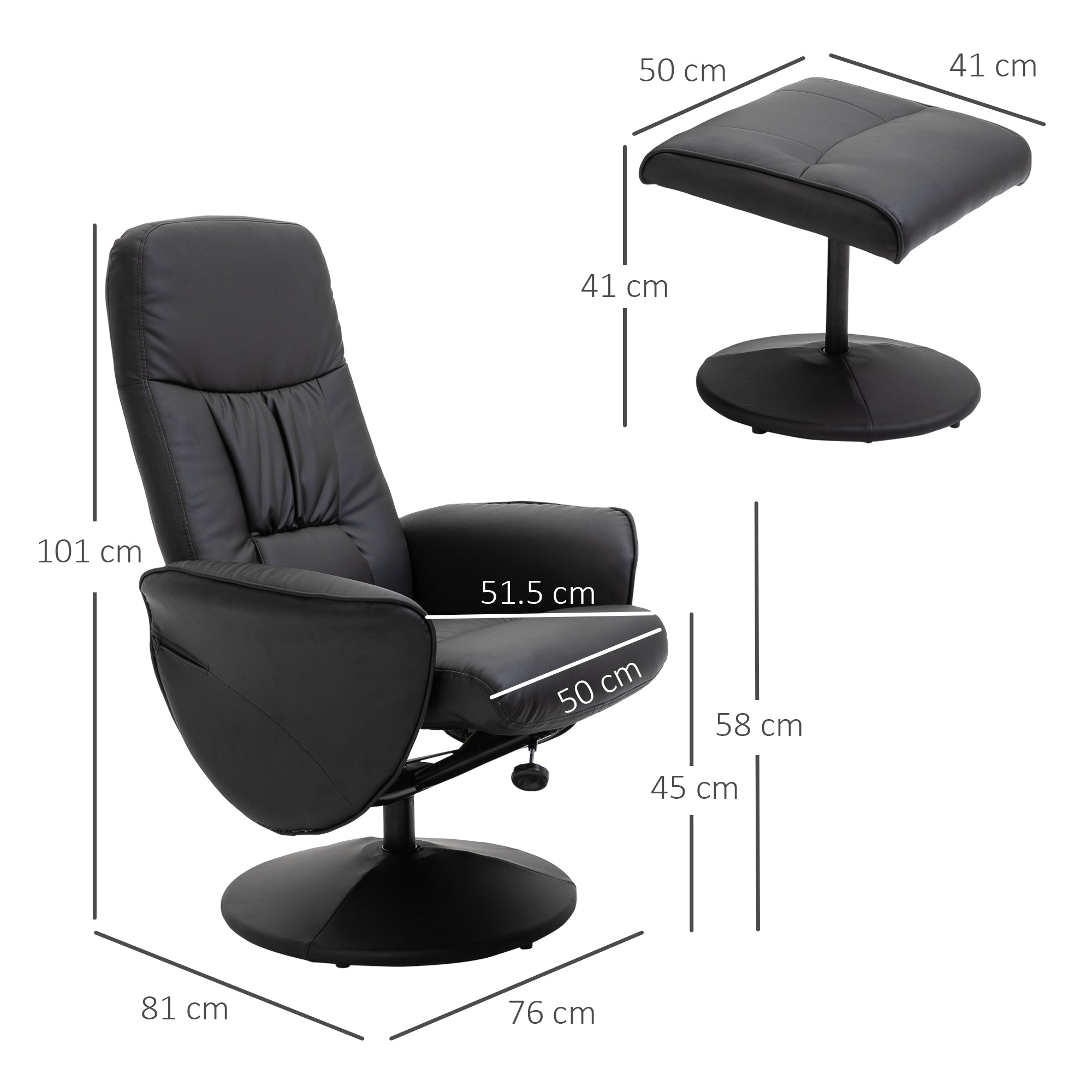 HOMCOM Swivel Recliner Chair with Footstool, PU Leather Armchair and Ottoman with High Back and Round Base for Living Room, Black - North Peak Garden Furniture